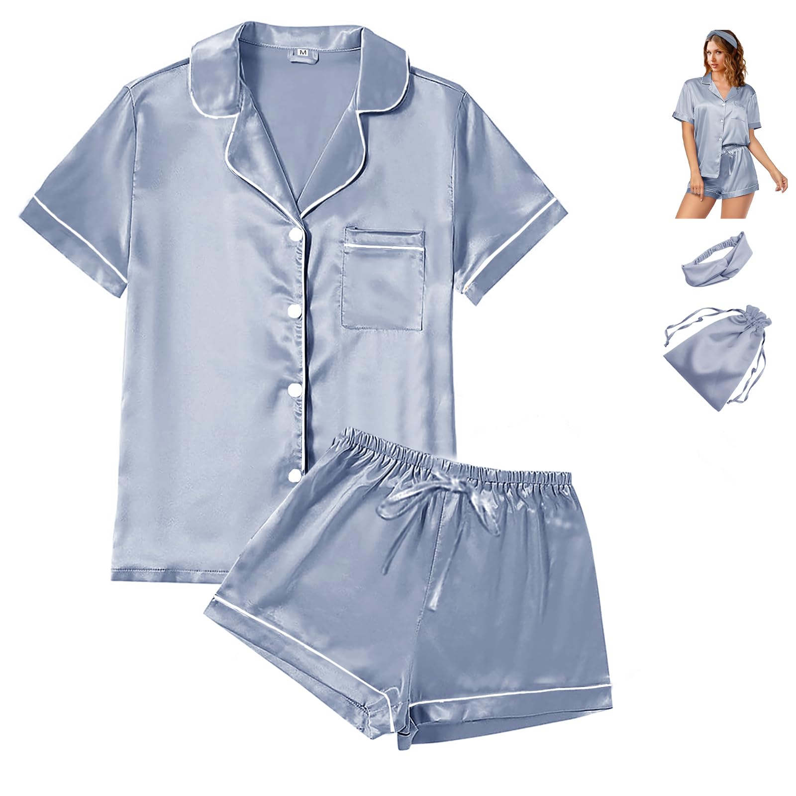 WJing Yi Jia 4Pcs Womens Satin Silky Pajama Sets Short Sleeve Shirt XS-4XL Floral Pajamas Set Soft PJ Loungewear Sleepwear