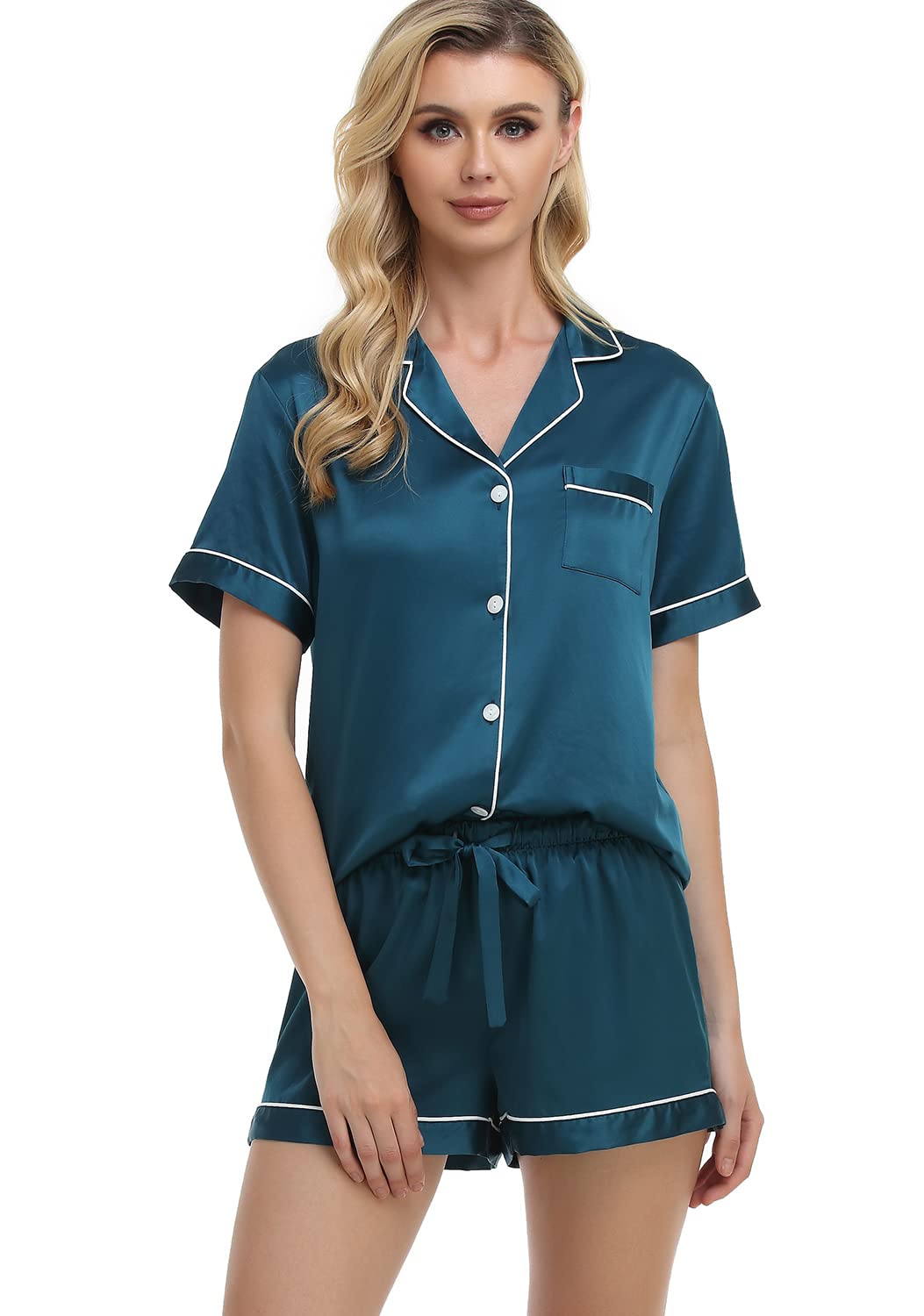 Serenedelicacy Women's Satin Pajama Set 2-Piece Sleepwear Loungewear Button Down Short Sleeve Silky PJ Set