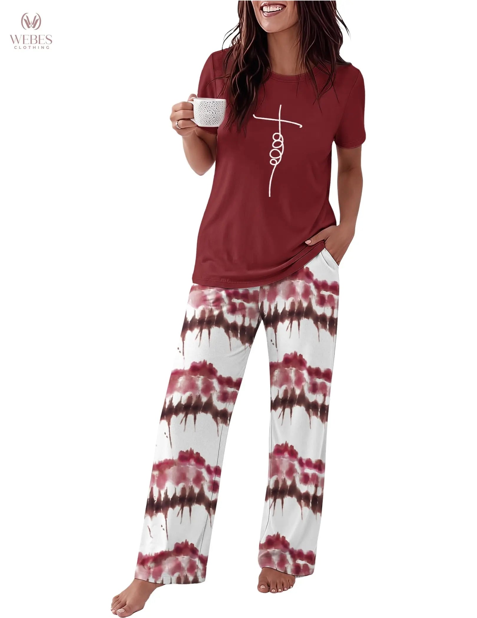 Ekouaer Pajama Set for Women 2 Piece Pjs Short Sleeve Top and Printed Pants | Womens Round Neck Lounge Sets Short Sleeve Sleepwear with Loose Pants for Daily Wear, Home Lounging, Casual Errands WEBE CLOTHING