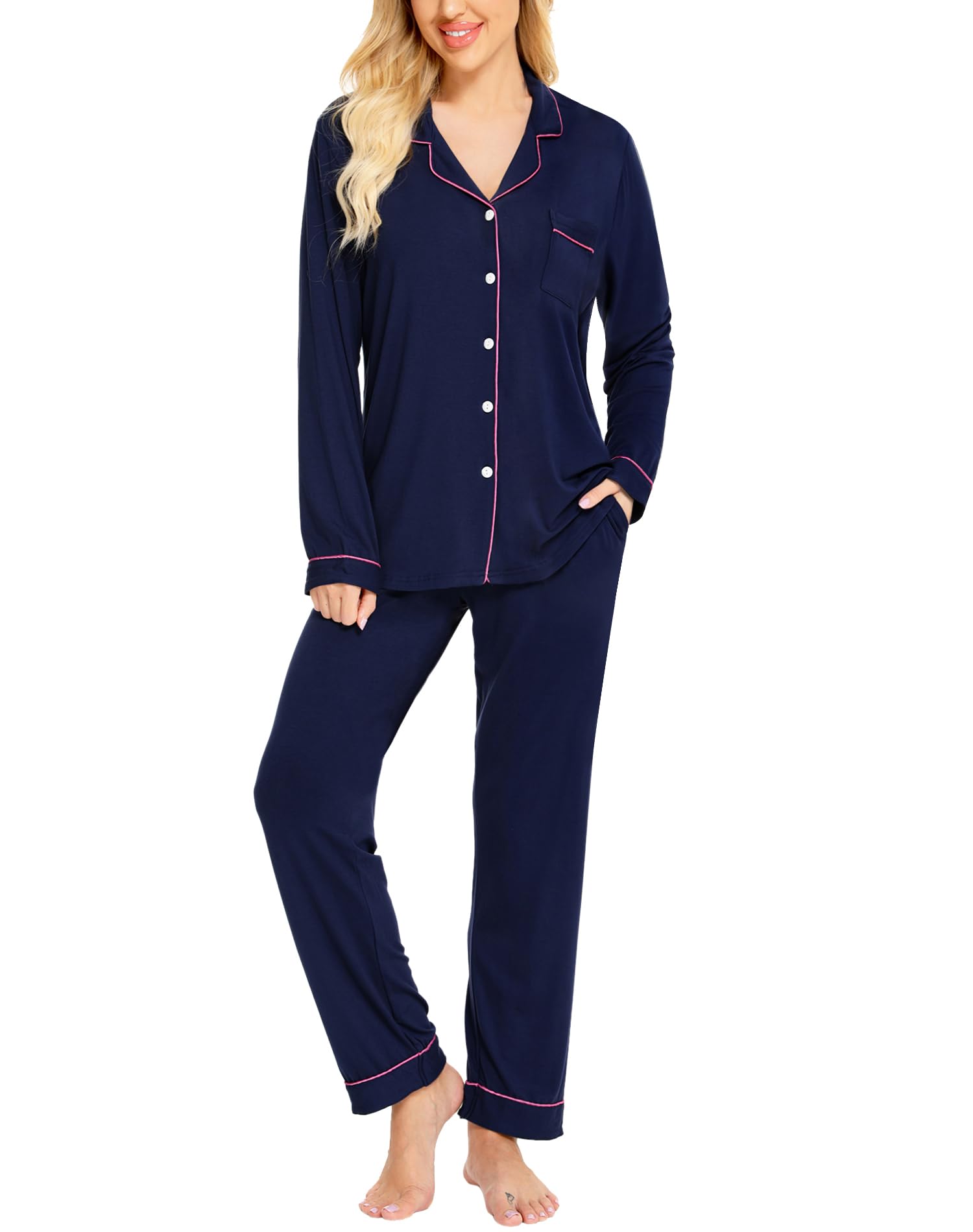 SWOMOG Womens Pajamas Set Long Sleeve Sleepwear Button Down Nightwear Soft Cotton Pj Lounge Sets