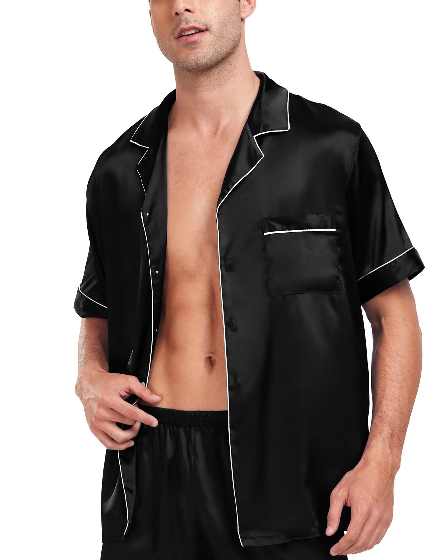 SWOMOG Couple Matching Pajamas Sets Women & Men Button Down Silk Pjs Men Short Sleeve Soft Lounge Sets 2 Pcs Loungewear