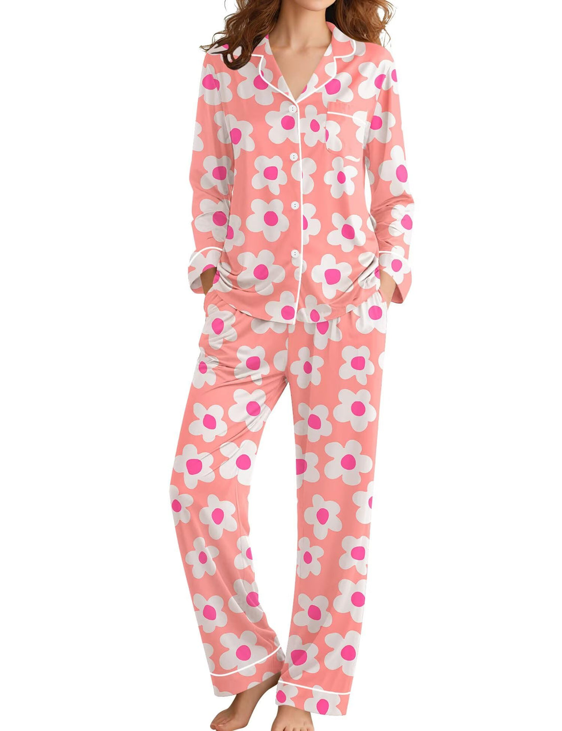 SWOMOG Womens Pajamas Set Long Sleeve Sleepwear Button Down Nightwear Soft Cotton Pj Lounge Sets
