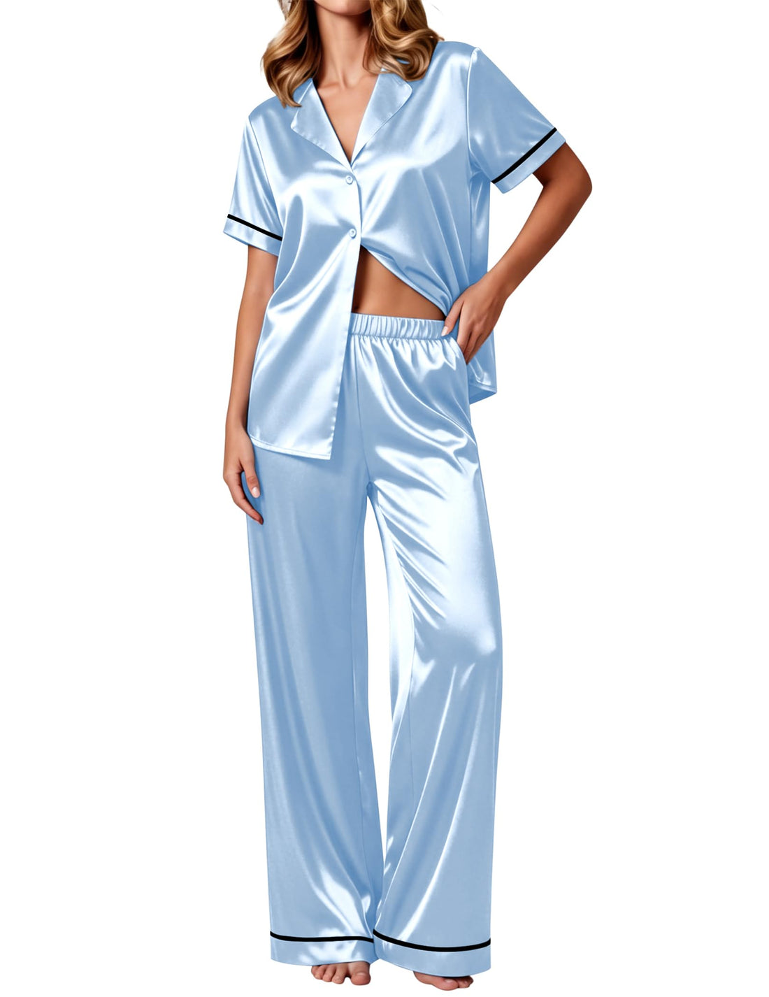 Ekouaer Women's Silk Pajamas Set Short Sleeve Satin Pjs 2 Piece Soft Loungewear with Pants Button Down Sleepwear