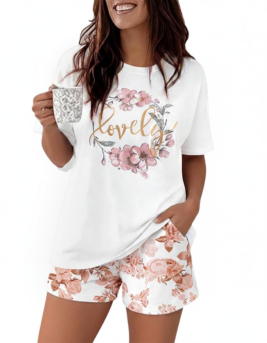 CHICME Pajamas Set for Women 2 Piece Pjs Lounge Set Soft Short Sleeve Tops and Sleep Shorts with Pocket