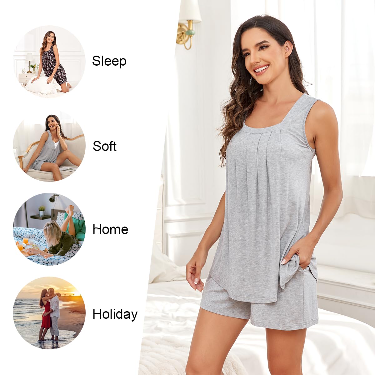 LONGYUAN Womens Sleeveless Pajama Set Soft Summer Lounge Shorts Tank Top Sleepwear with Pockets 2 Piece Set M-3XL