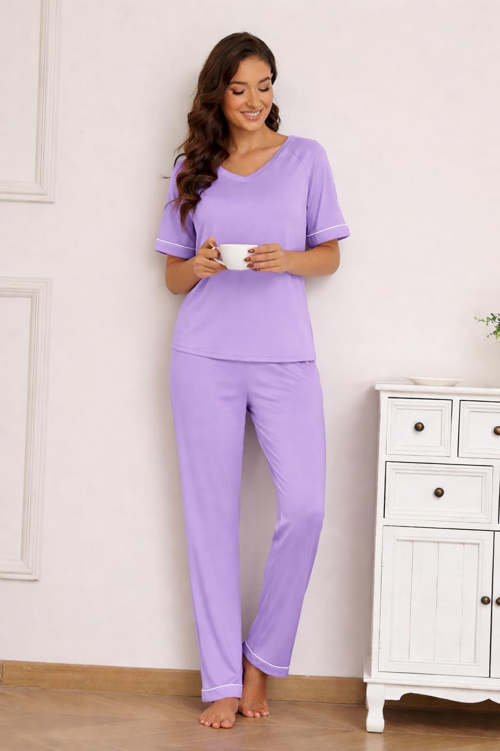 Ekouaer Womens Pajama Set Short Sleeve Pajamas Top and Pants V Neck Pjs Set Soft Loungewear with Pockets
