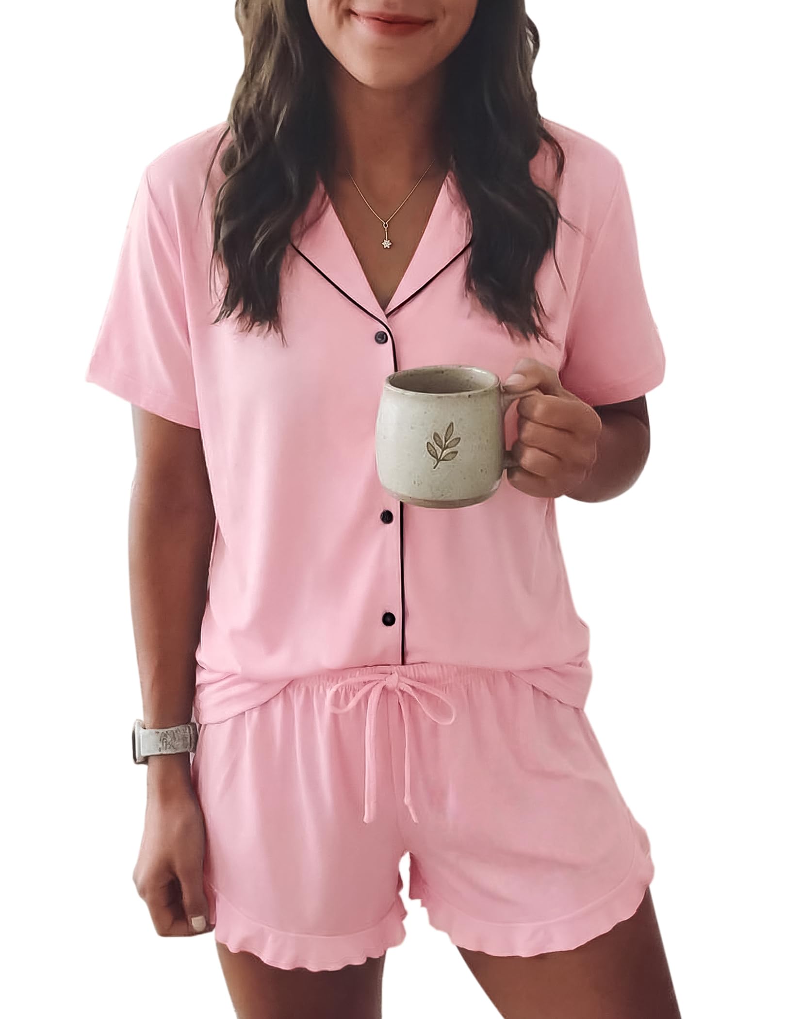 Ekouaer Womens Pajama Sets Button Down Short Sleeve Top and Shorts Cute Ruffled Pjs Sets Sleepwear