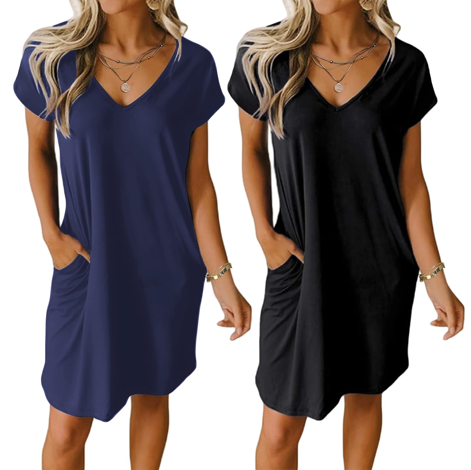 Ekouaer Womens 2 Pack Nightgown V Neck Sleepshirt Short Sleeve Nightshirt Plain/Floral Pajama Dress with Pockets