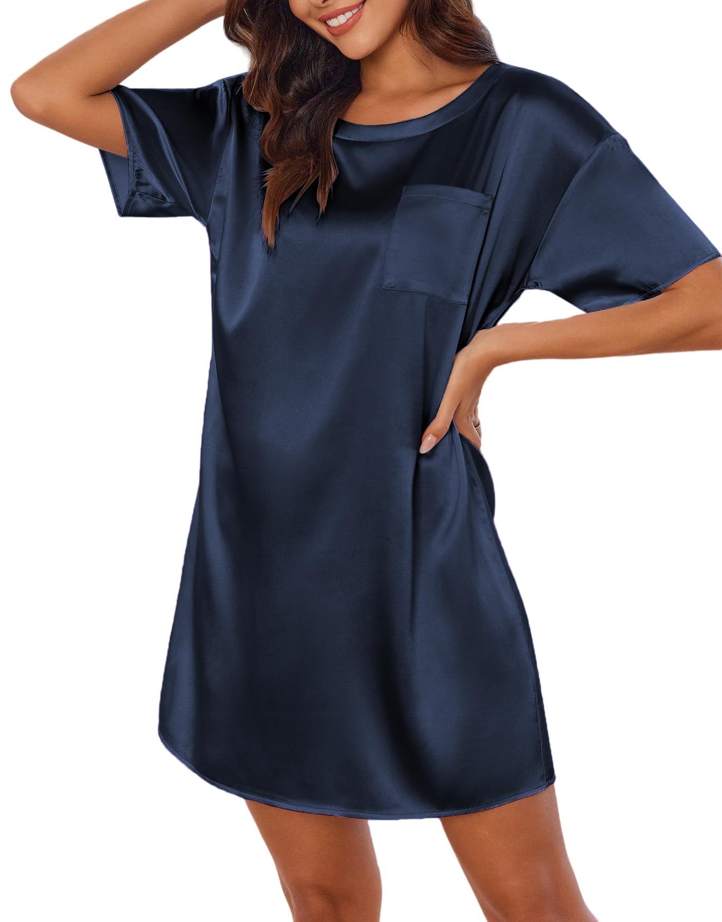 Ekouaer Silk Sleep Shirts for Women Satin Nightshirt Tshirt Nightgown Short Sleeve Round Neck Sleepwear with Pocket S-2XL