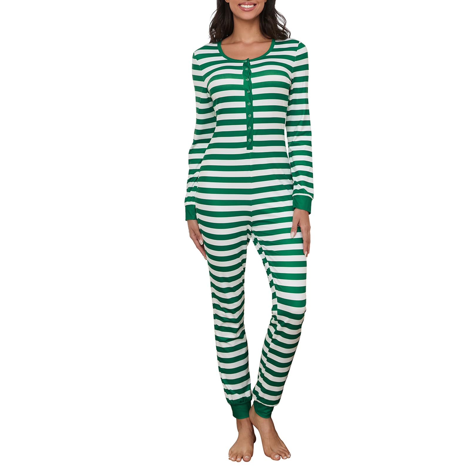 Women Christmas Long Sleeve Stripe Heart One Piece Pajamas Bodycon Jumpsuit Button Neck Sleepwear WEBE CLOTHING