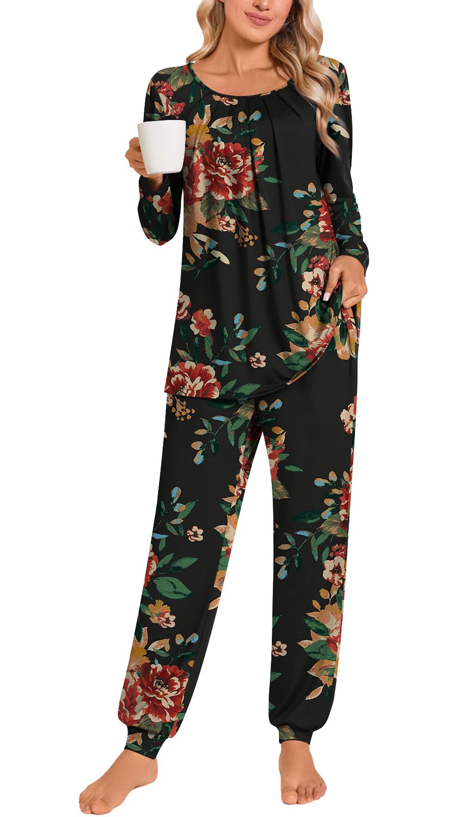 Anymeet Womens Pajama Sets Fall Winter Long Sleeve 2 Piece Sleepwear Soft Lounge Outfits with Pockets