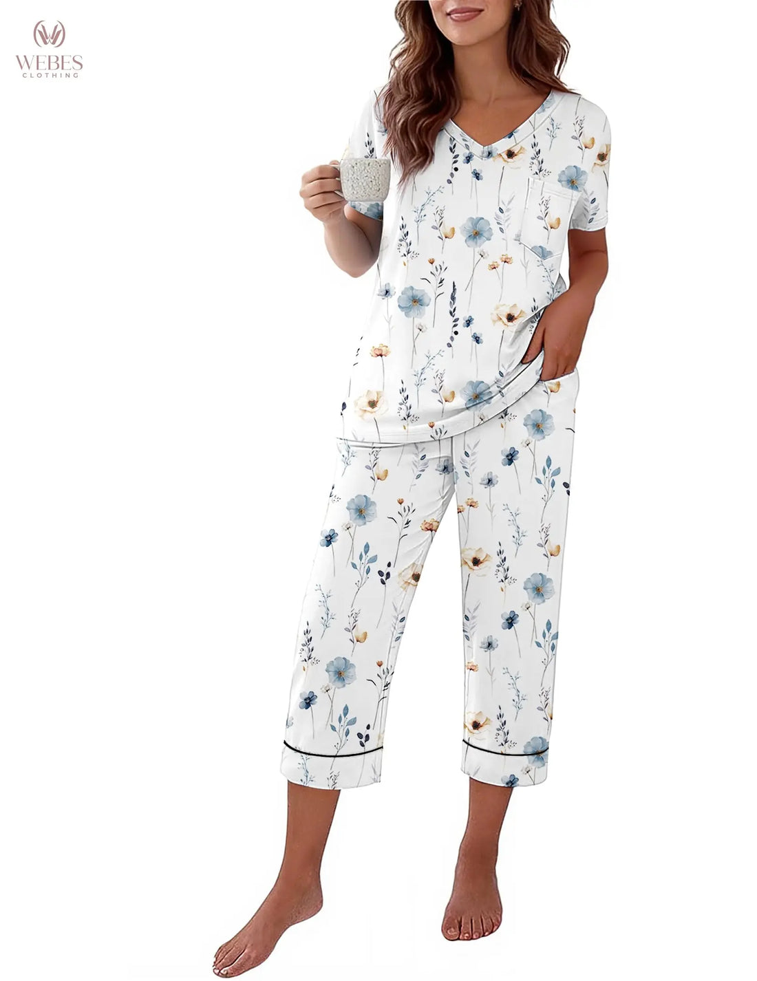 Ekouaer Cotton Pajamas for Women Set Short Sleeve Top and Capri Pants | 2 Pieces Lounge Set with Pockets V Neck Comfy Soft Sleepwear for Mom, Wife, Grandmother WEBE CLOTHING