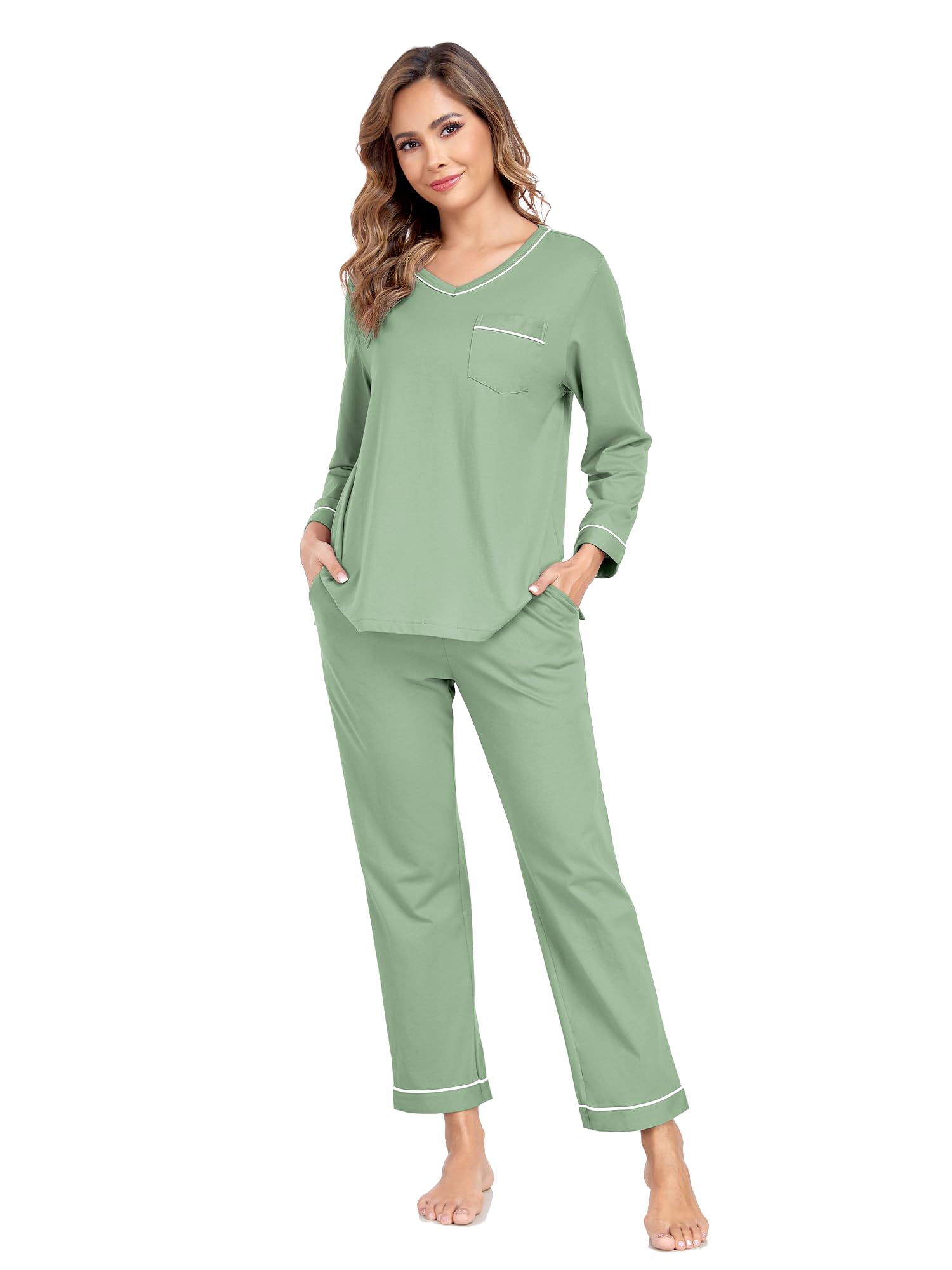 EA'S SECRET 100% cotton Pajamas for Women Summer Lightweight Long Sleeve Pjs 2 Piece Soft Lounge Sleepwear with pocket