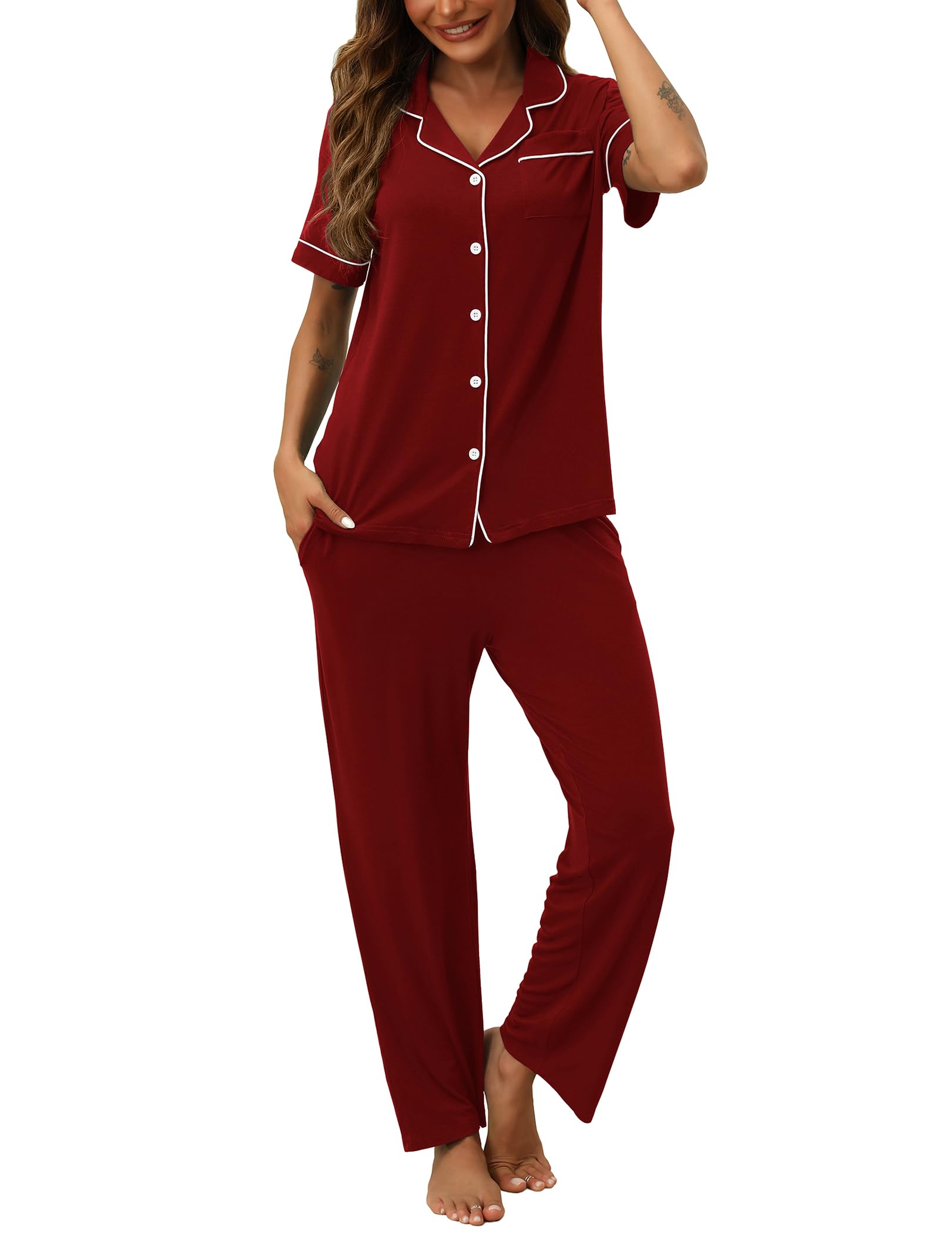 HNG Women Pajamas Set 2 Piece Button Up Pajamas Pant and Short Sleeve Shirt for Woman Pj Sets with Pocket
