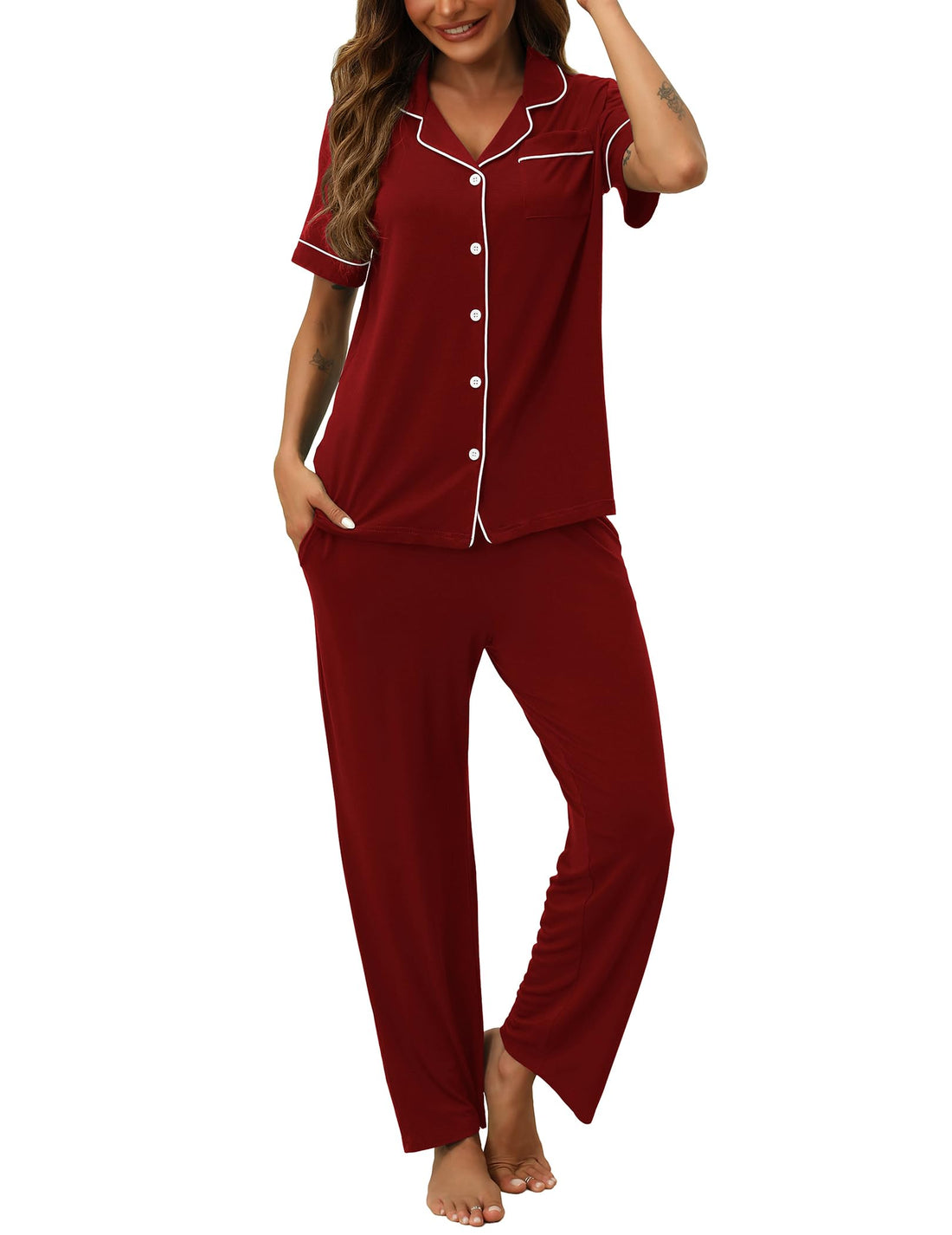 HNG Women Pajamas Set 2 Piece Button Up Pajamas Pant and Short Sleeve Shirt for Woman Pj Sets with Pocket