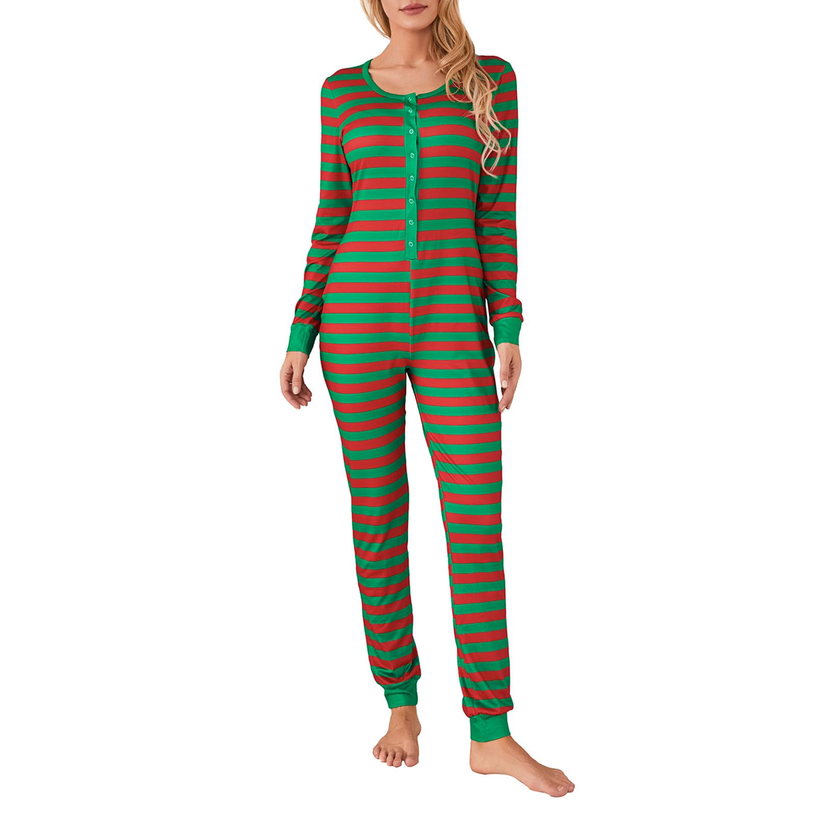 Women Christmas Long Sleeve Stripe Heart One Piece Pajamas Bodycon Jumpsuit Button Neck Sleepwear WEBE CLOTHING