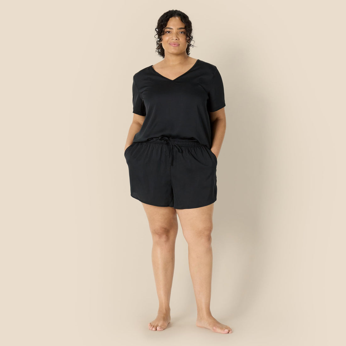 Amazon Essentials Women's Relaxed Fit Satin Short Sleeve V-Neck T-Shirt and Short Sleepwear Set