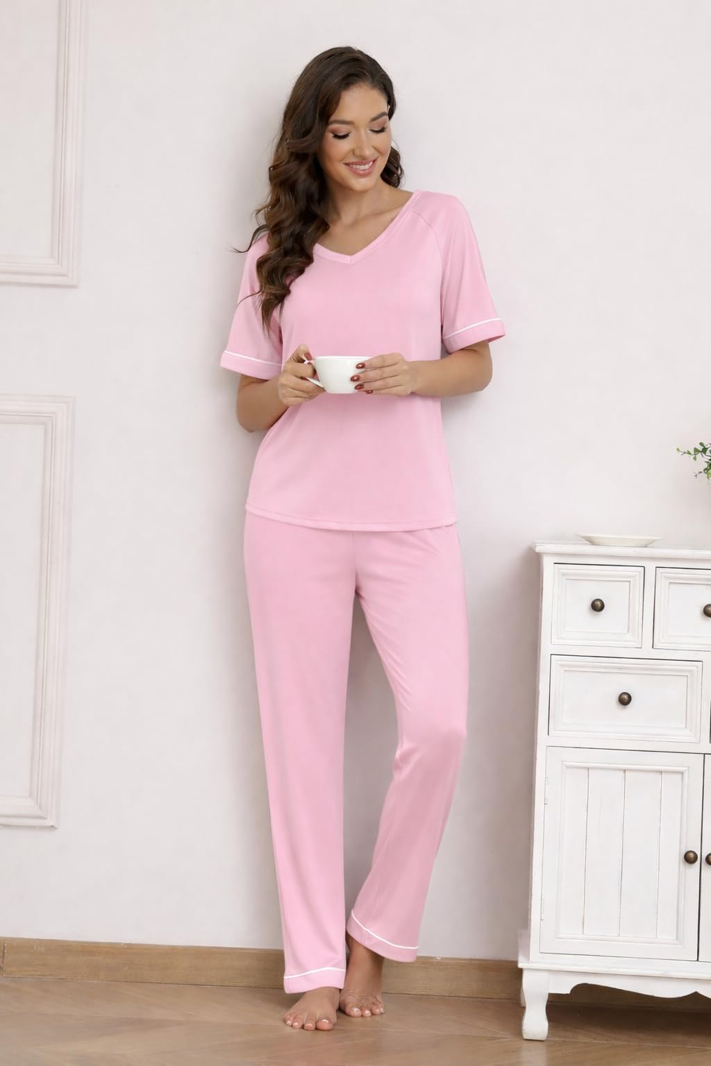 Ekouaer Womens Pajama Set Short Sleeve Pajamas Top and Pants V Neck Pjs Set Soft Loungewear with Pockets