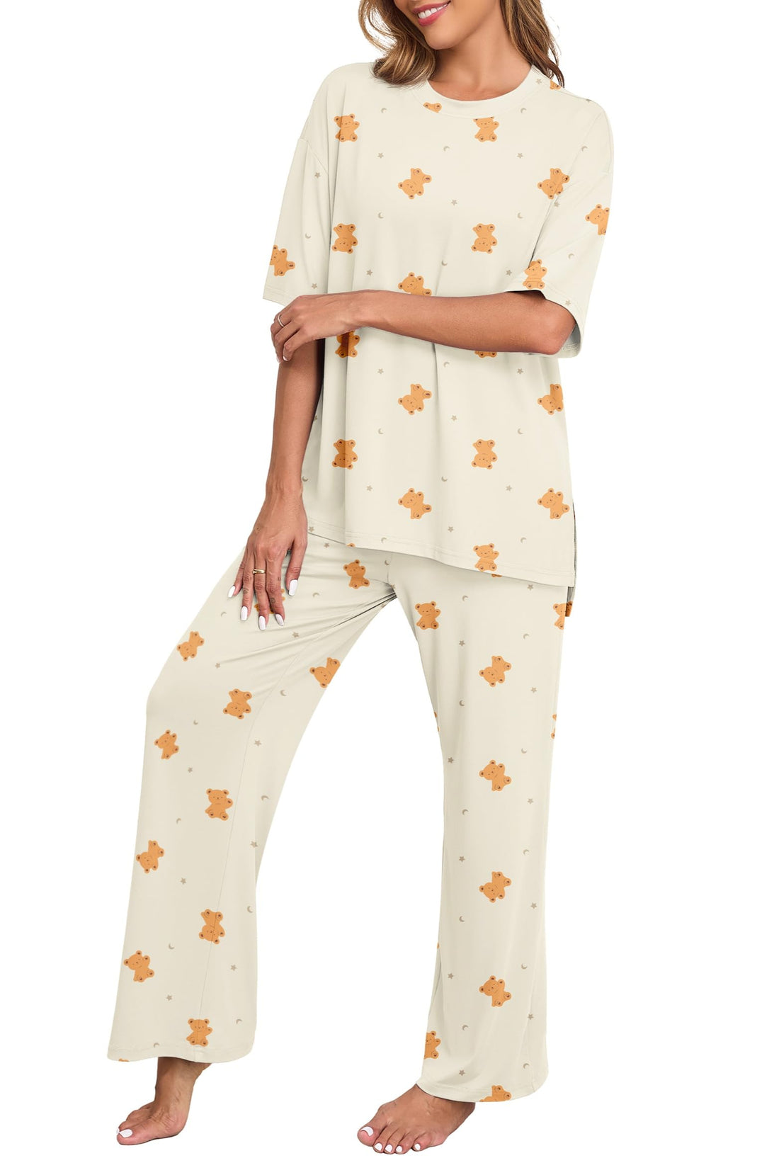 PrinStory Womens Pajamas Sets 2 Piece Lounge Set Short Sleeve Tops and Long Pants Soft Pjs Loungewear with Pockets
