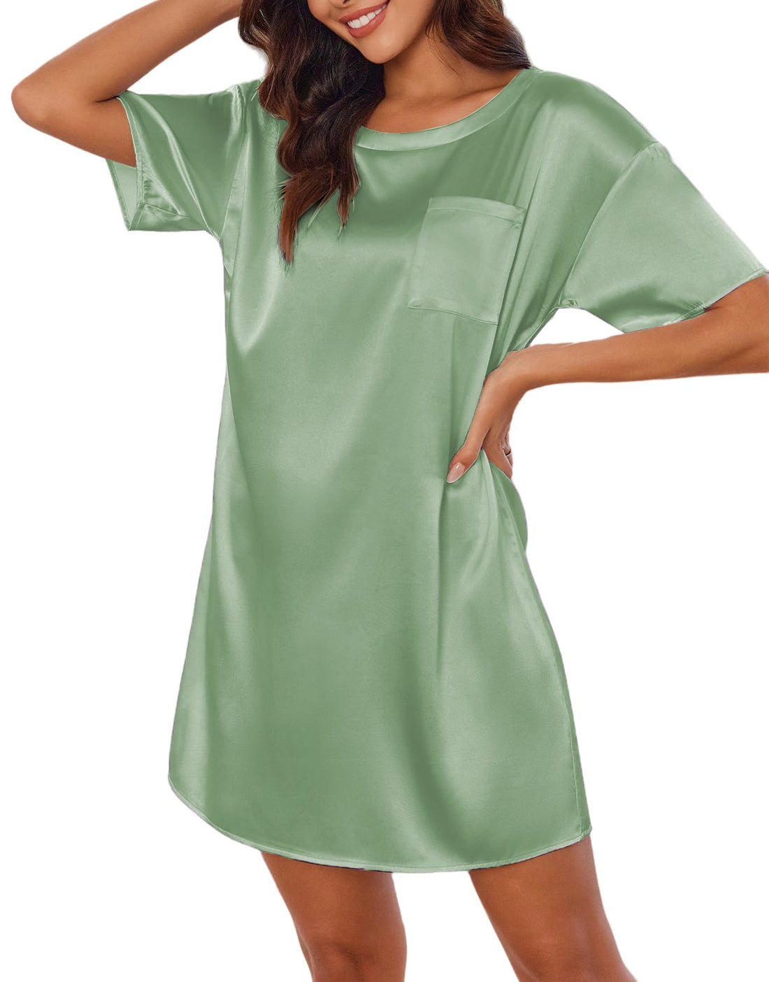 Ekouaer Silk Sleep Shirts for Women Satin Nightshirt Tshirt Nightgown Short Sleeve Round Neck Sleepwear with Pocket S-2XL