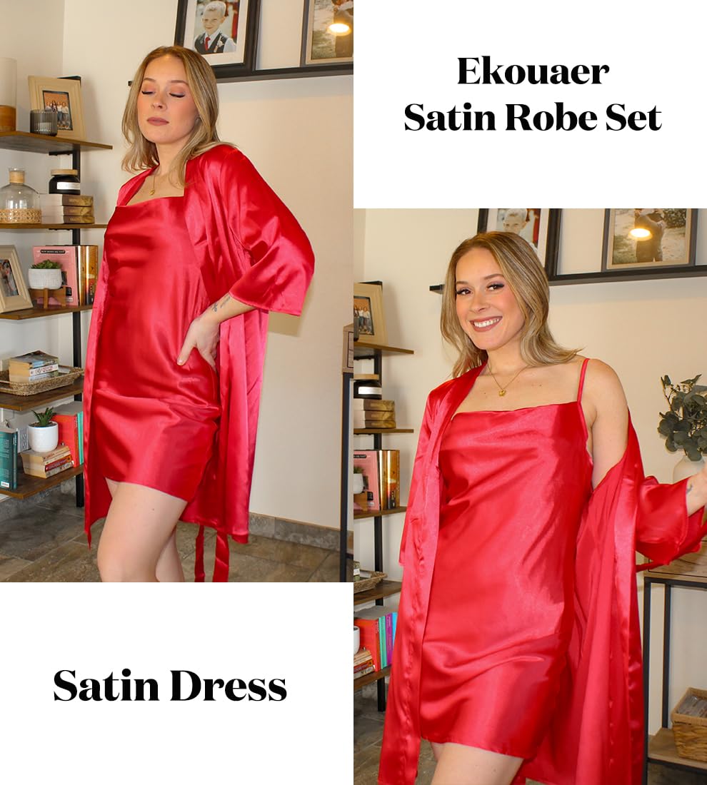 Ekouaer Women's Satin Robe Set Nightgown with Robes Silk Pajama Set 2 Pieces Lingerie Cowl Neck Cami Sleepwear Sets WEBE CLOTHING