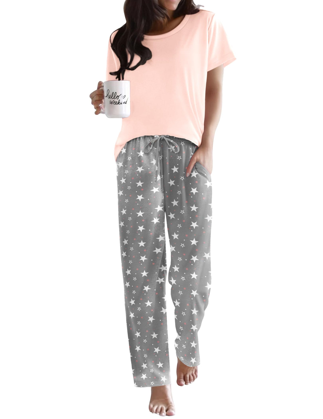 Ekouaer Pajama Sets for Women Round Neck Pjs Short Sleeve Sleepwear with Long Pants Loose Lounge Sets