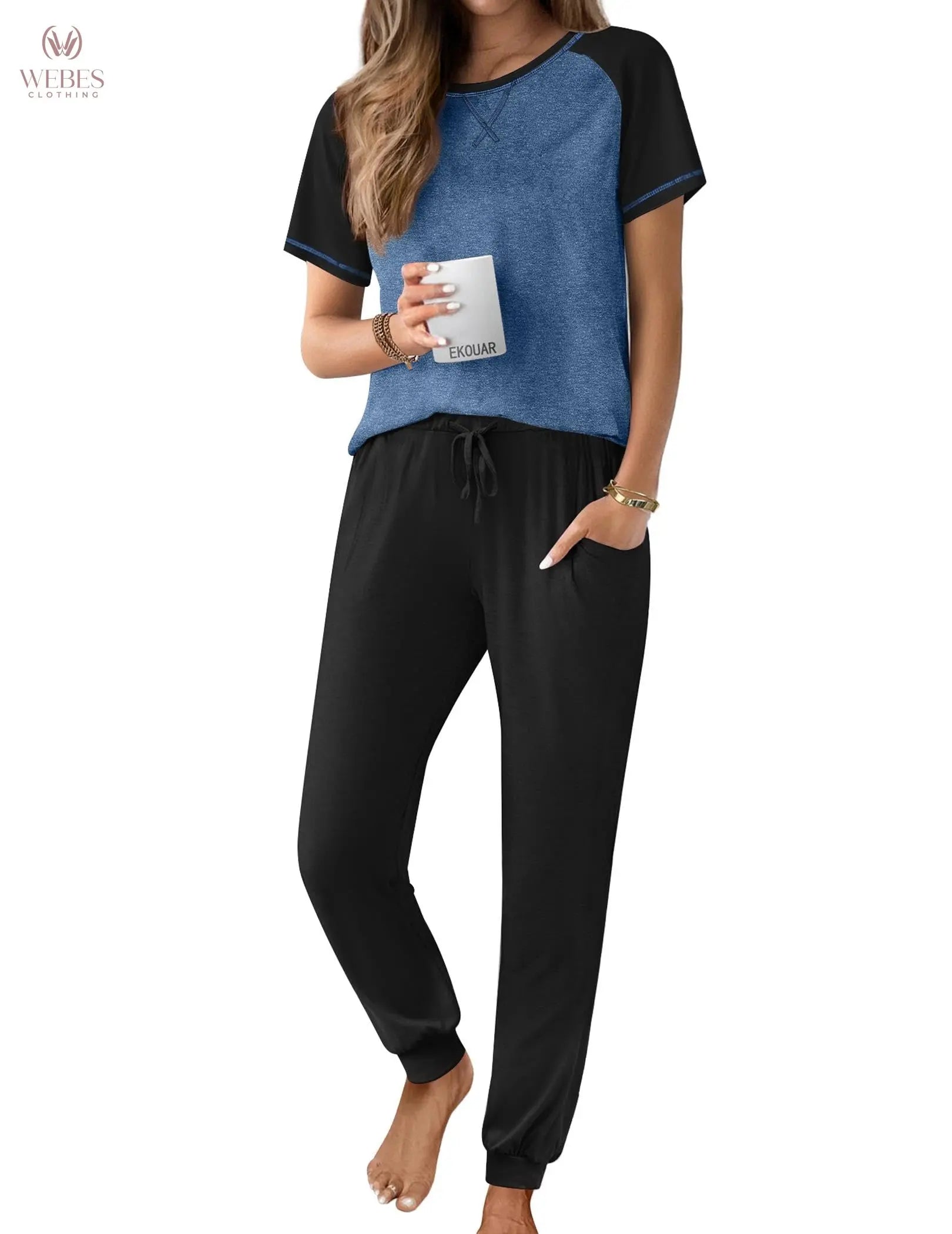 Ekouaer Pajamas for Women Set Short Sleeve PJ Set 2 Piece Jogger Pants | Soft Women Pajama Sets with Cozy Sleepwear Lounge Set Style Featuring Pockets Raglan Short Sleeve Top and Jogger Pants WEBE CLOTHING