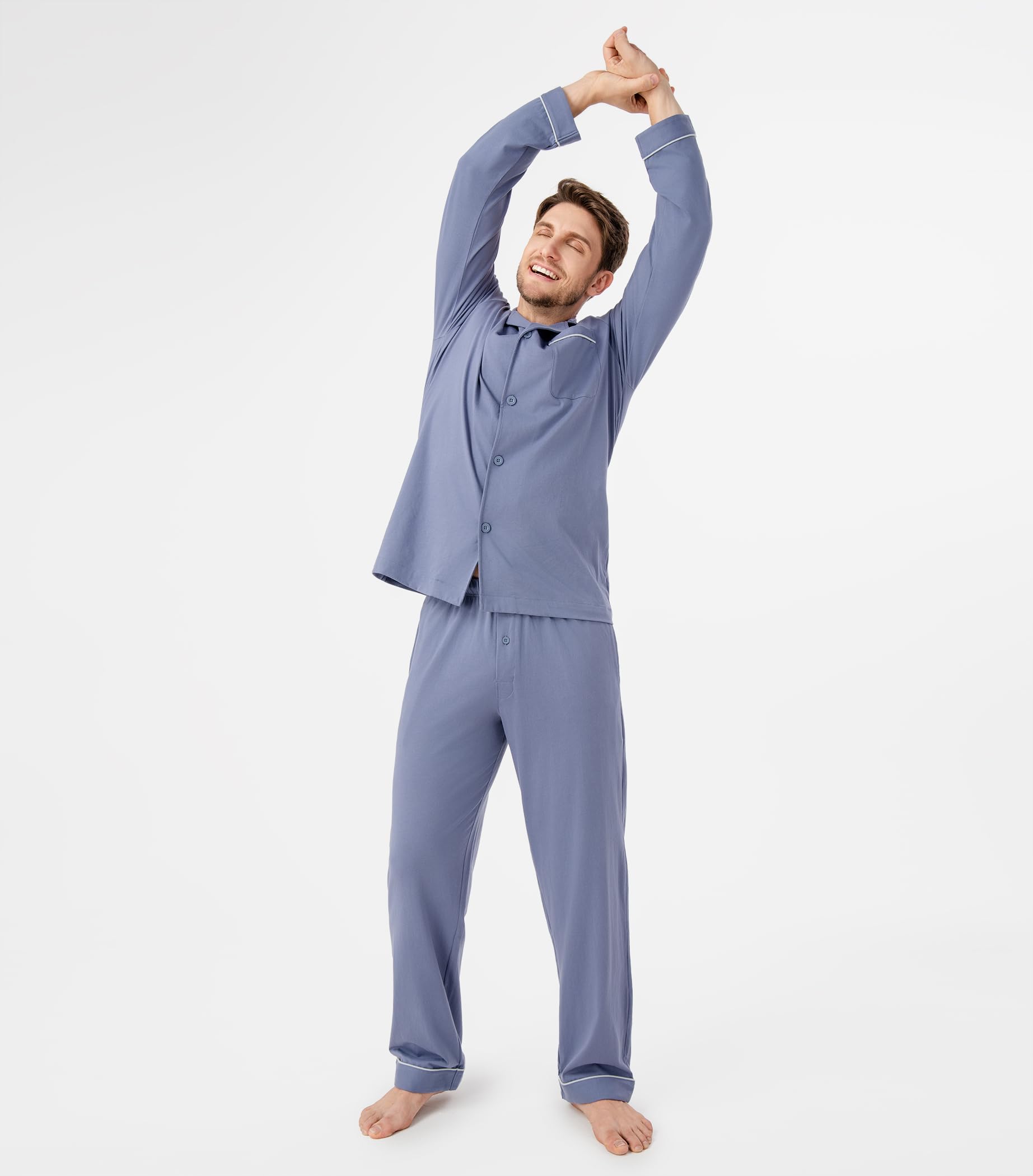 DAVID ARCHY Mens Pajamas Set Soft Cotton Notched Collar Pajamas for Men Long Sleeve Mens Sleepwear with Pockets & Front Fly WEBE CLOTHING