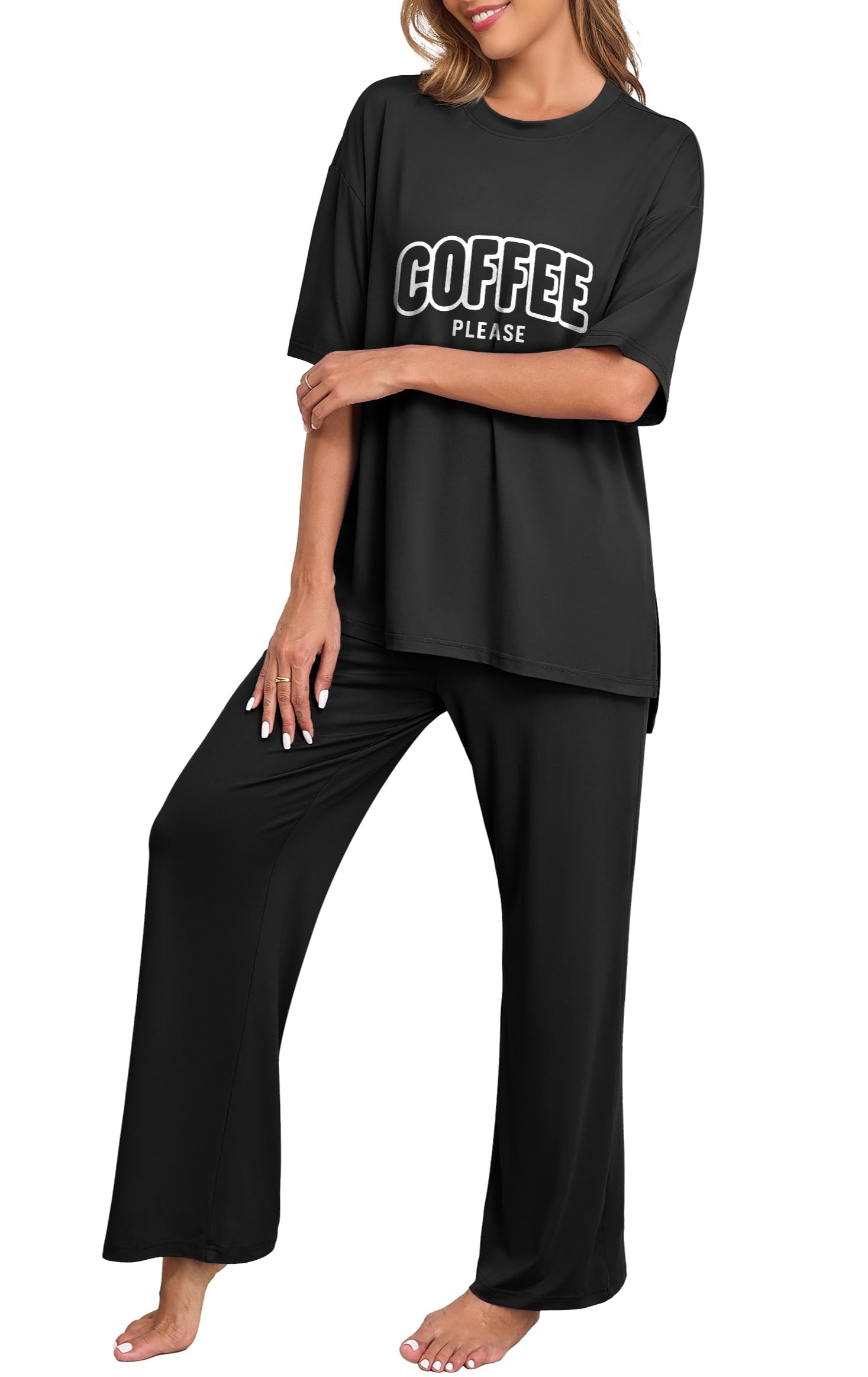 PrinStory Womens Pajamas Sets 2 Piece Lounge Set Short Sleeve Tops and Long Pants Soft Pjs Loungewear with Pockets