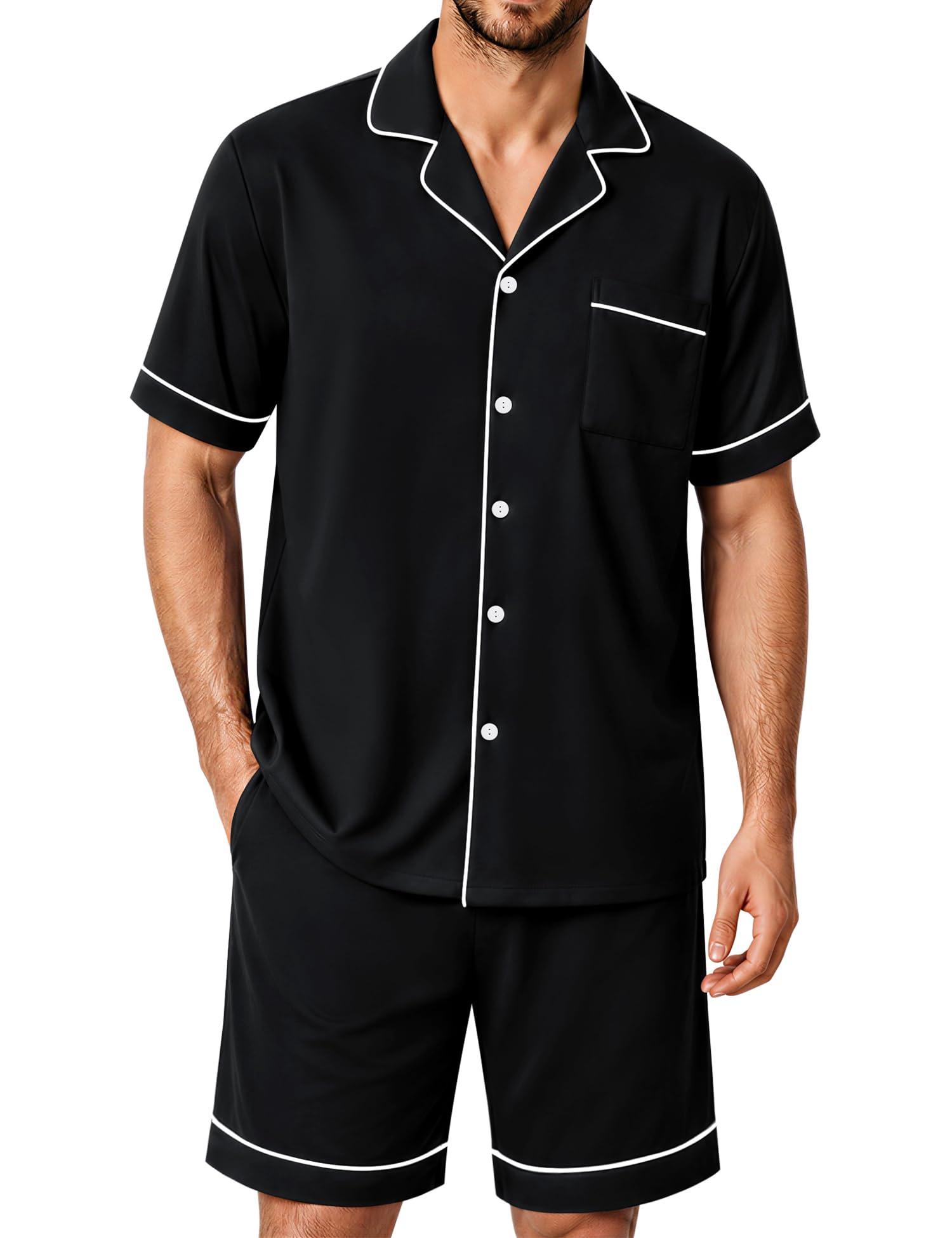 SWOMOG 100% Cotton Mens Pajama Set Short Sleeve Sleepwear Button Down Loungewear 2 PCS Cotton Pjs Set with Pockets WEBE CLOTHING