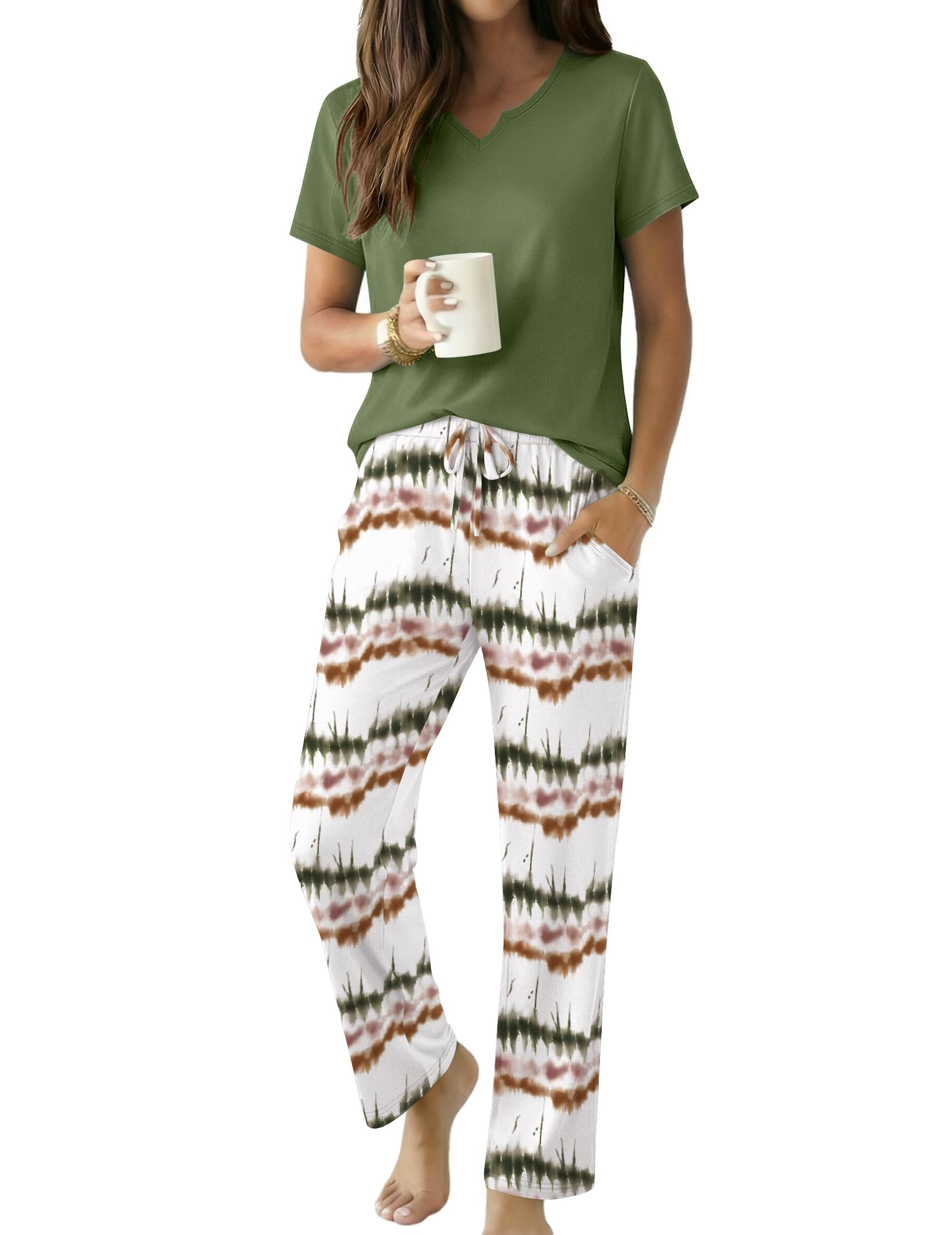 Ekouaer 2 Piece Womens Pajamas Short Sleeve Top and Long Pants Pjs Set Printed Sleepwear with Pocket WEBE CLOTHING