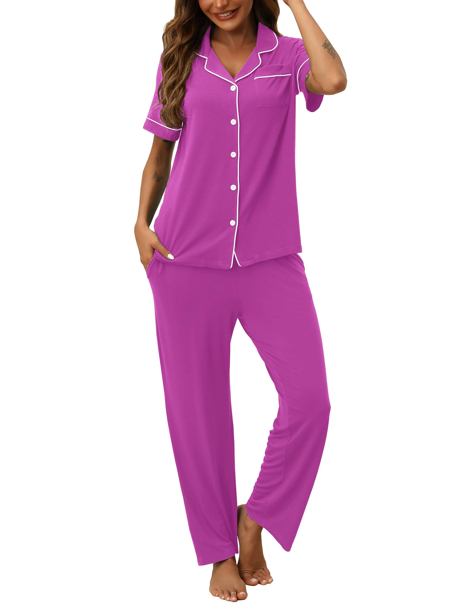 HNG Women Pajamas Set 2 Piece Button Up Pajamas Pant and Short Sleeve Shirt for Woman Pj Sets with Pocket