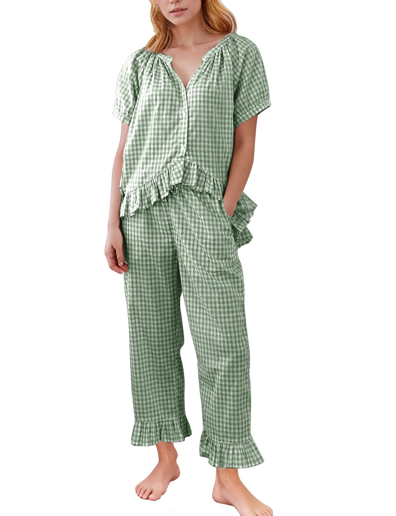 Flygo Womens Plaid 2 Piece Pajamas Sets Gingham Button Down Puff Sleeve Babydoll Shirt Ruffle Pants Y2K Pjs Lounge Set WEBE CLOTHING