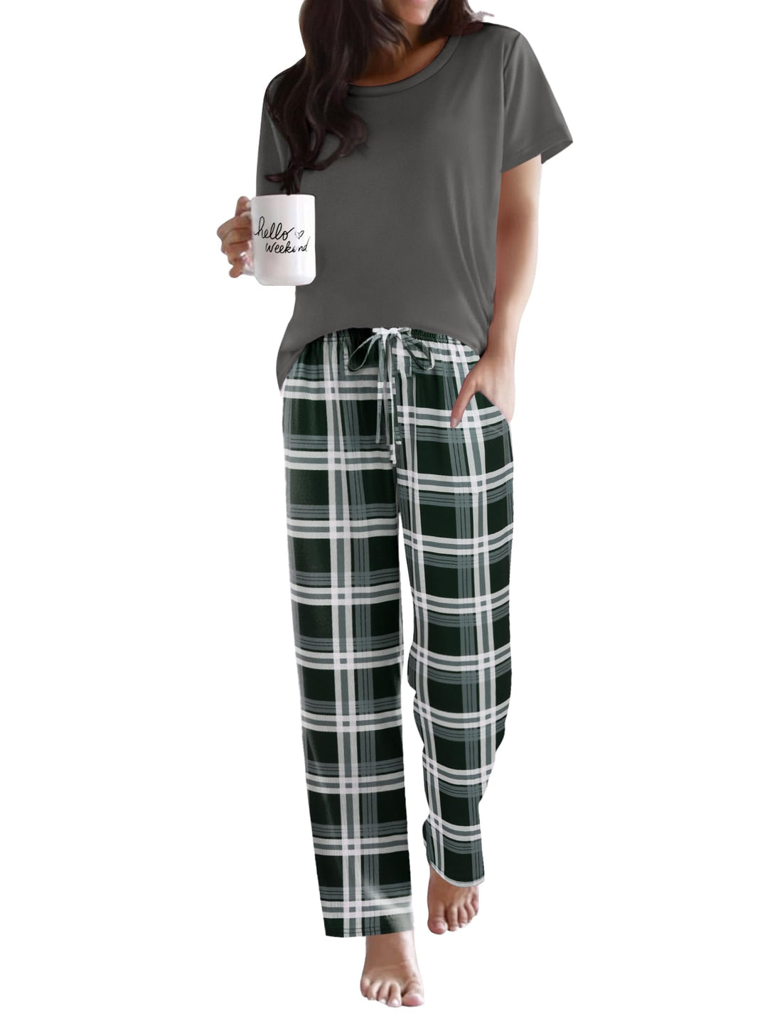 Ekouaer Pajama Sets for Women Round Neck Pjs Short Sleeve Sleepwear with Long Pants Loose Lounge Sets