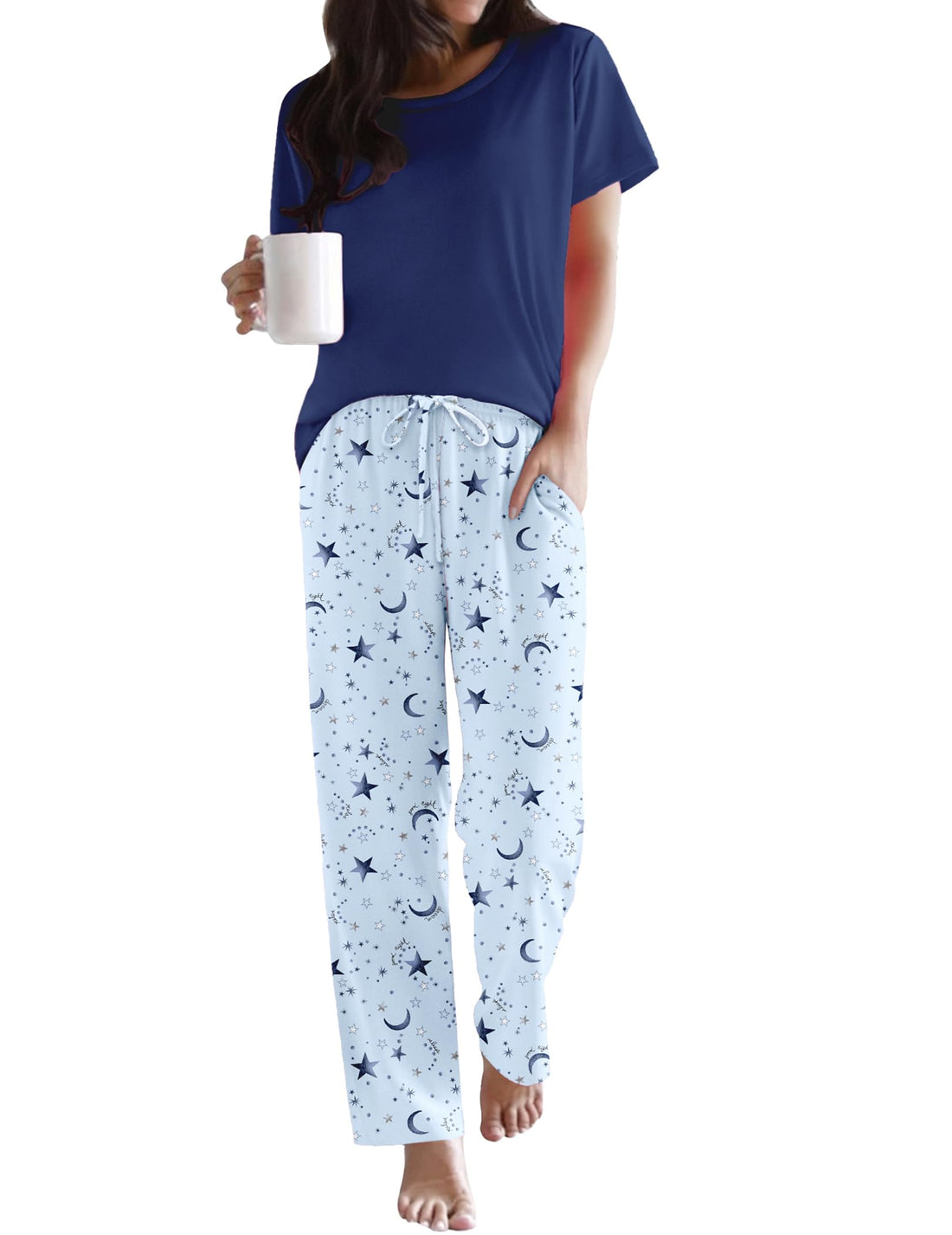 Ekouaer Pajama Sets for Women Round Neck Pjs Short Sleeve Sleepwear with Long Pants Loose Lounge Sets