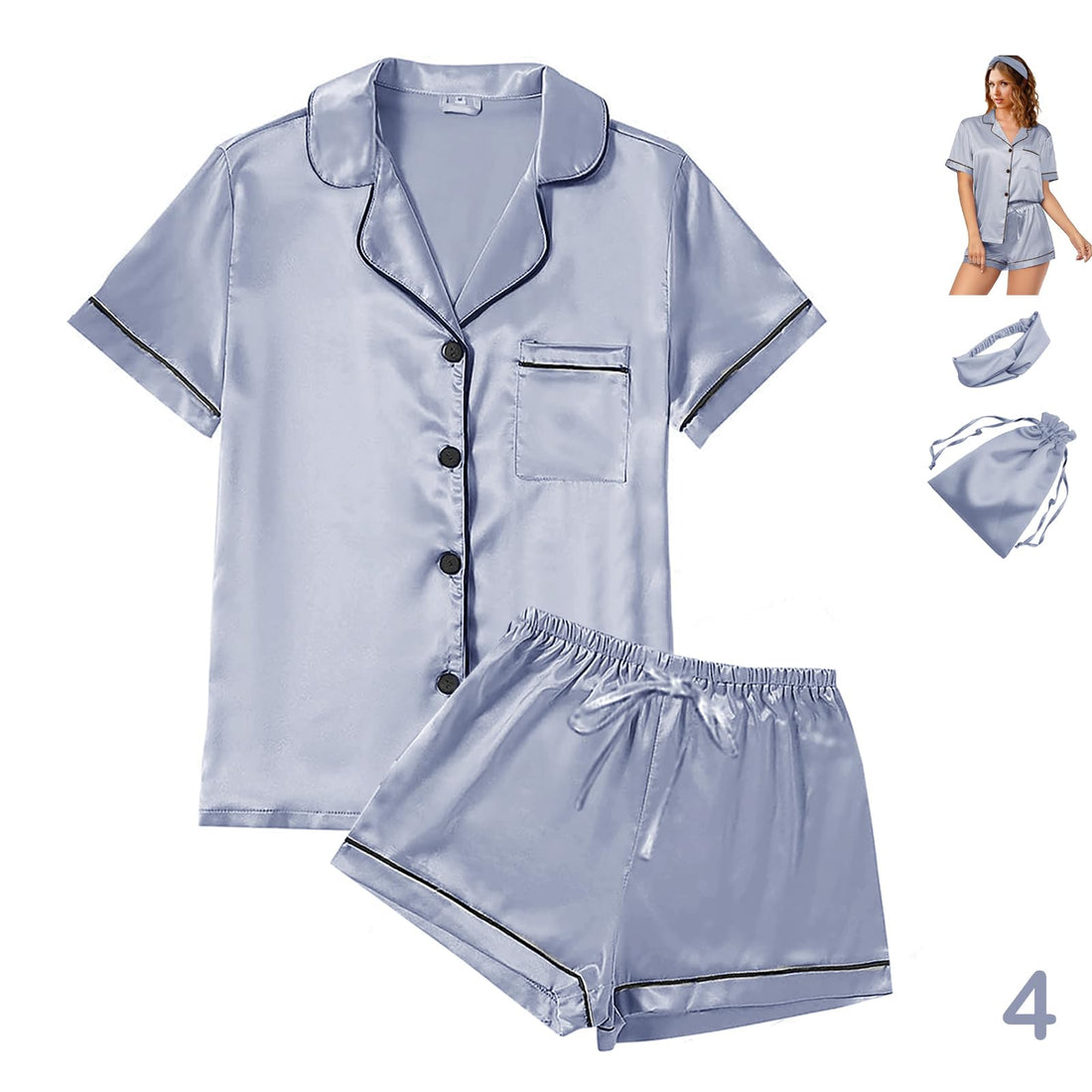 WJing Yi Jia 4Pcs Womens Satin Silky Pajama Sets Short Sleeve Shirt XS-4XL Floral Pajamas Set Soft PJ Loungewear Sleepwear