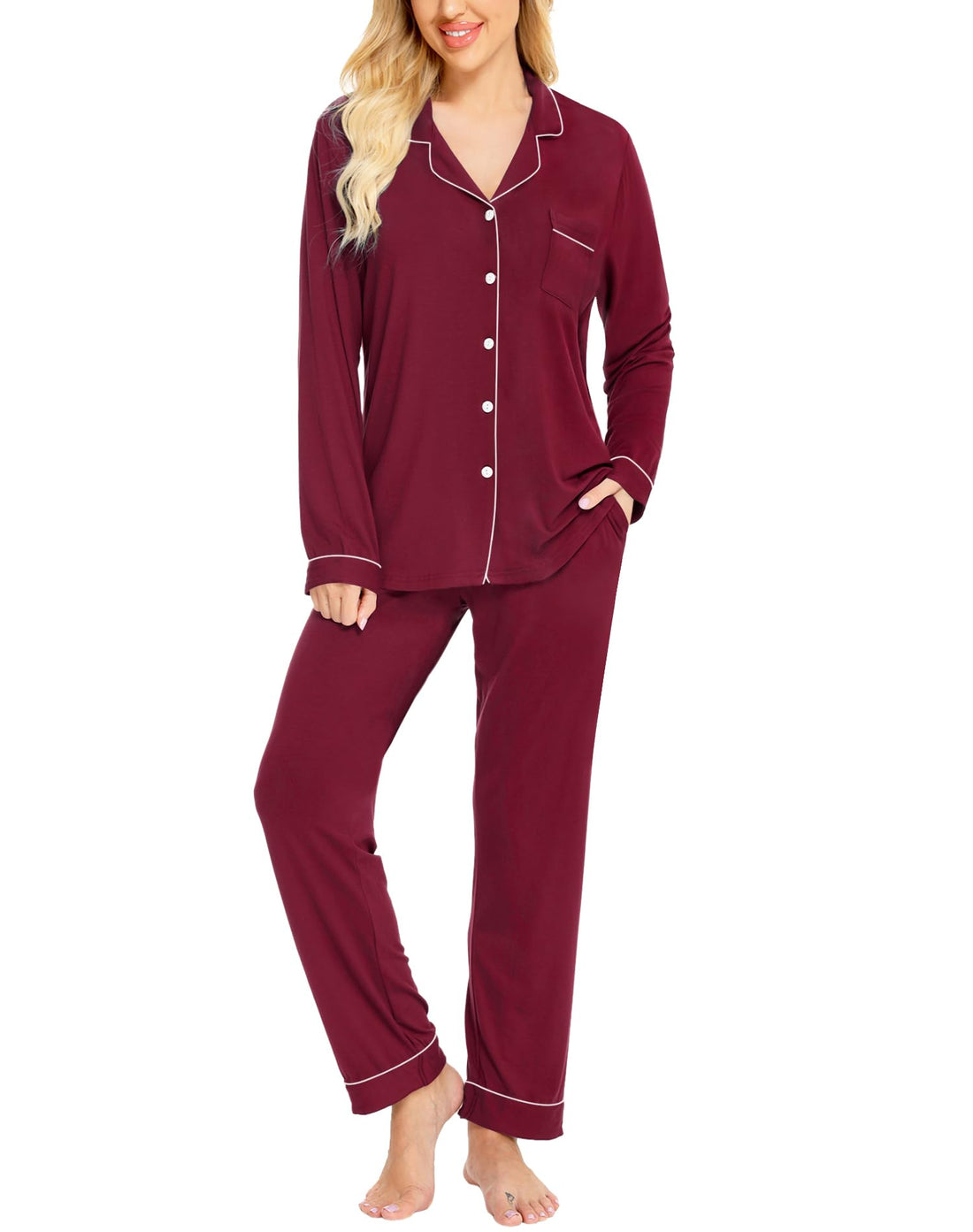 SWOMOG Womens Pajamas Set Long Sleeve Sleepwear Button Down Nightwear Soft Cotton Pj Lounge Sets