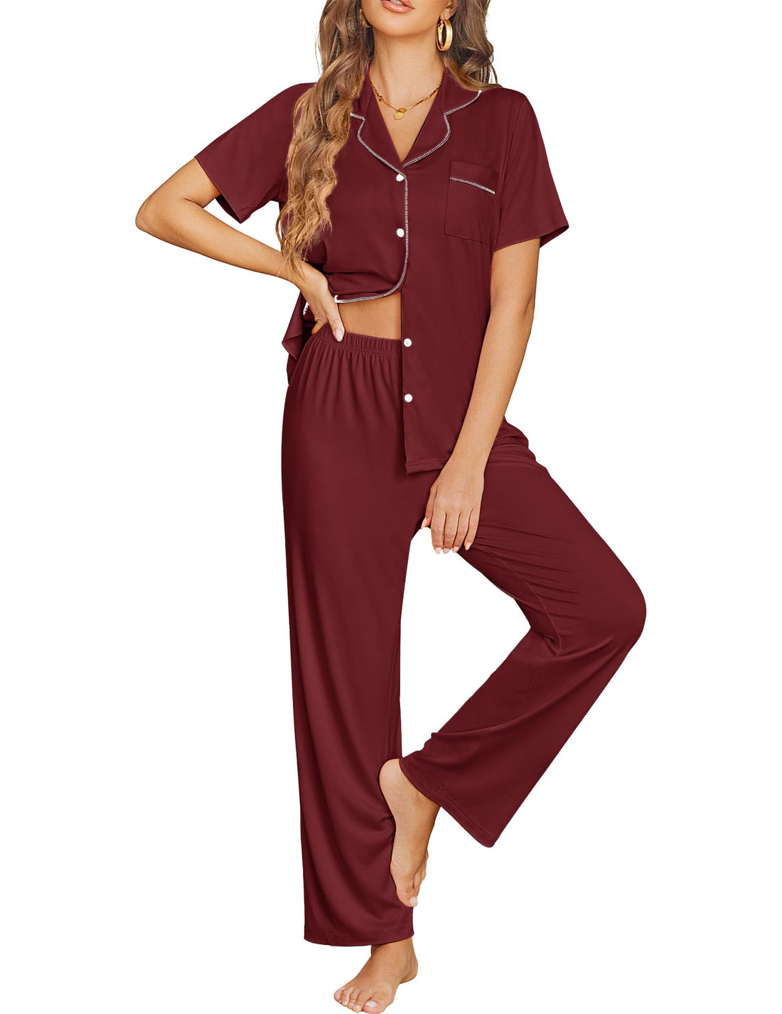 Ekouaer Womens Pajama Sets Button Down Pjs Lounge Sets 2 Piece Short Sleeve Sleepwear Soft Comfy Loungewear