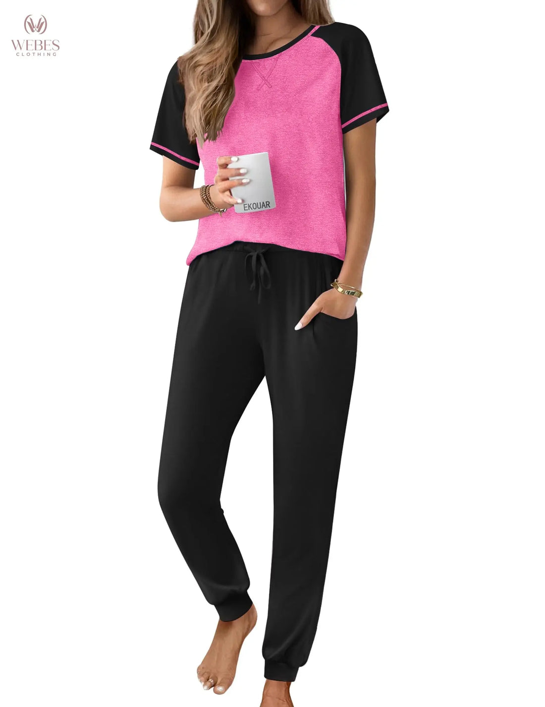 Ekouaer Pajamas for Women Set Short Sleeve PJ Set 2 Piece Jogger Pants | Soft Women Pajama Sets with Cozy Sleepwear Lounge Set Style Featuring Pockets Raglan Short Sleeve Top and Jogger Pants WEBE CLOTHING