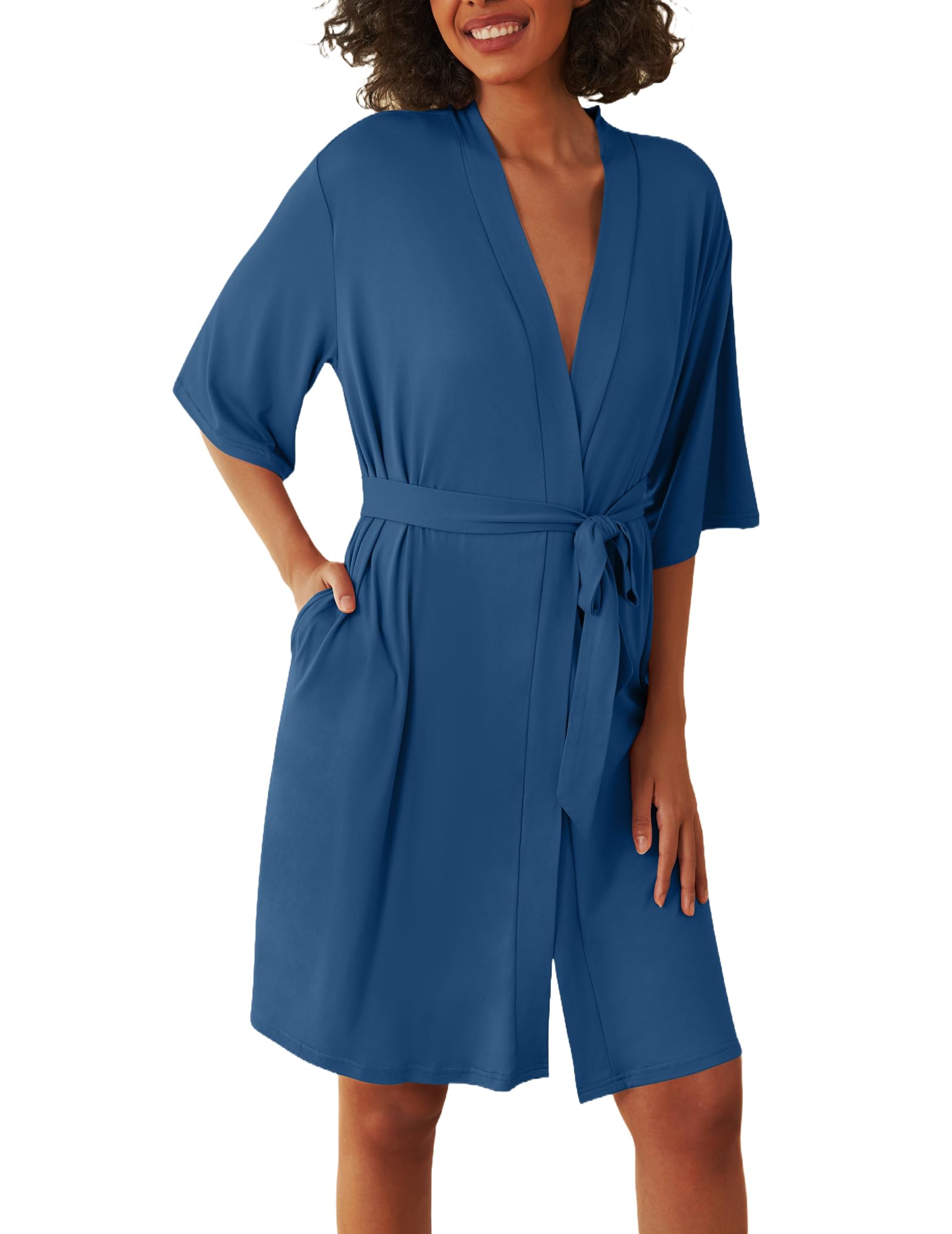 Ekouaer Short Robes for Women Lightweight Kimono Robes Knit Bathrobe Soft Sleepwear with Pockets S-XXL WEBE CLOTHING