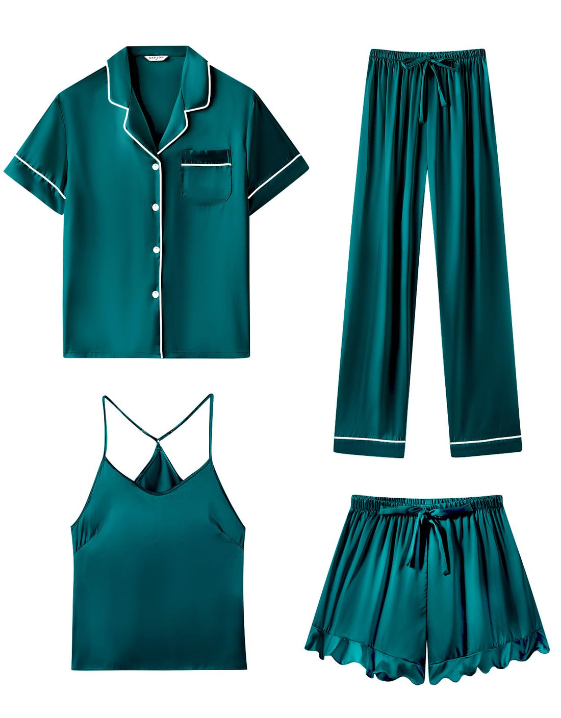 SAPJON Silk Pajamas for Women Set 4Pcs Ruffled Satin Pajamas Set Button Down Short Sleeve Cami Shorts Sleepwear Pj Set
