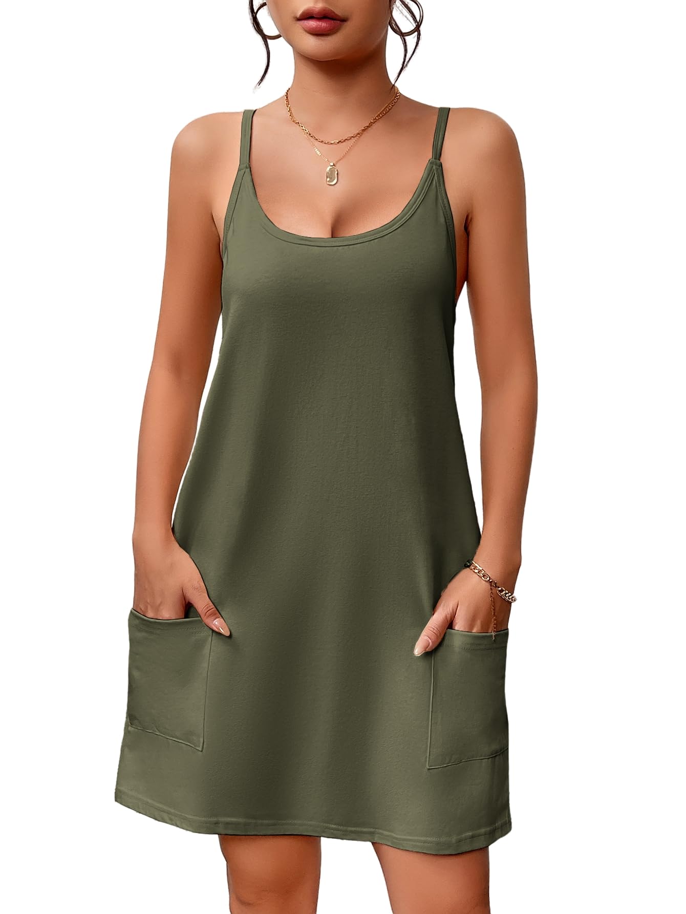 Ekouaer Nightgowns for Women Cotton Sleepwear Sexy Sleep Shirt Adjustable Spaghetti Strap Night Gowns with Pockets S-3XL WEBE CLOTHING