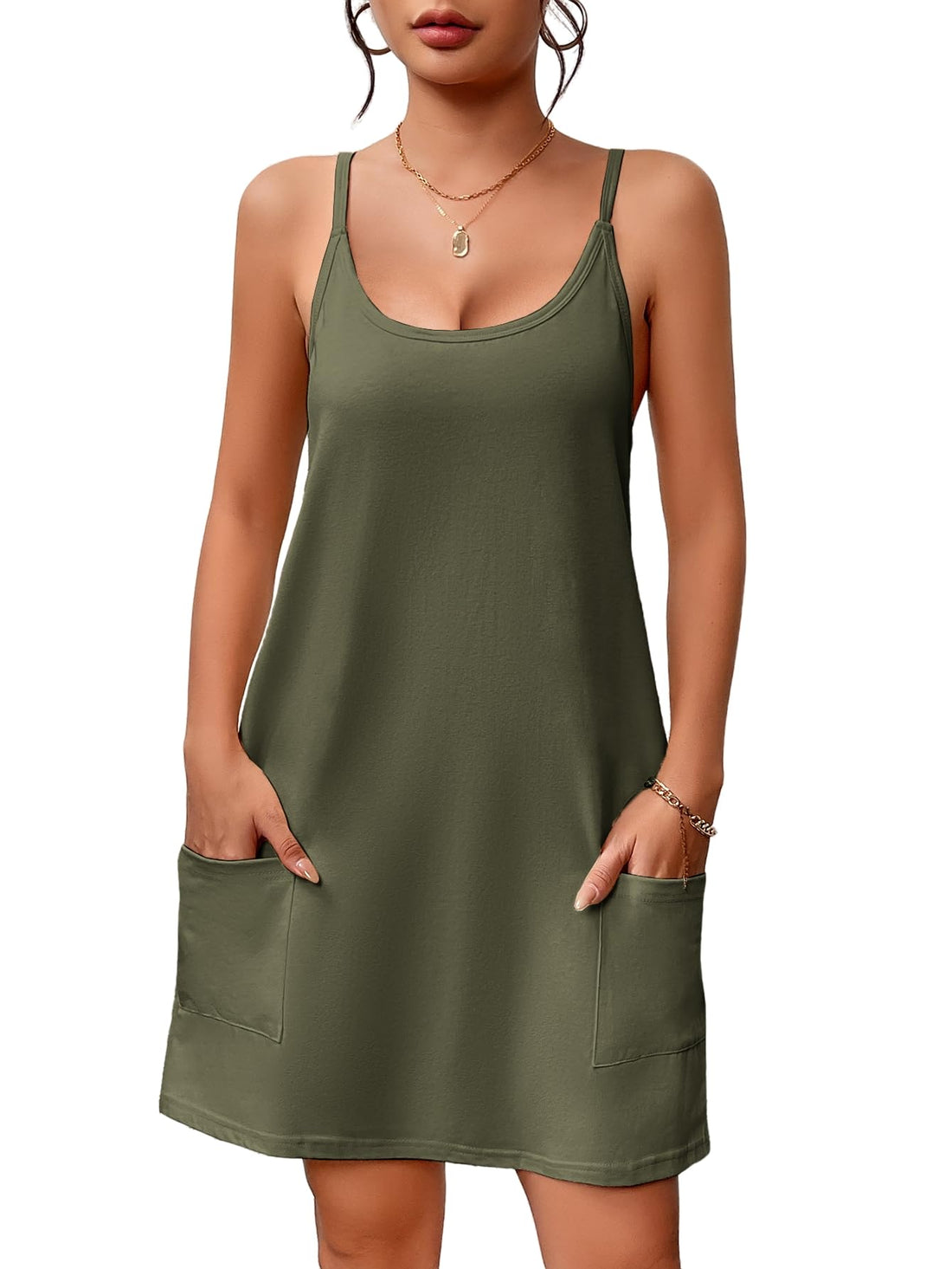 Ekouaer Nightgowns for Women Cotton Sleepwear Sexy Sleep Shirt Adjustable Spaghetti Strap Night Gowns with Pockets S-3XL WEBE CLOTHING