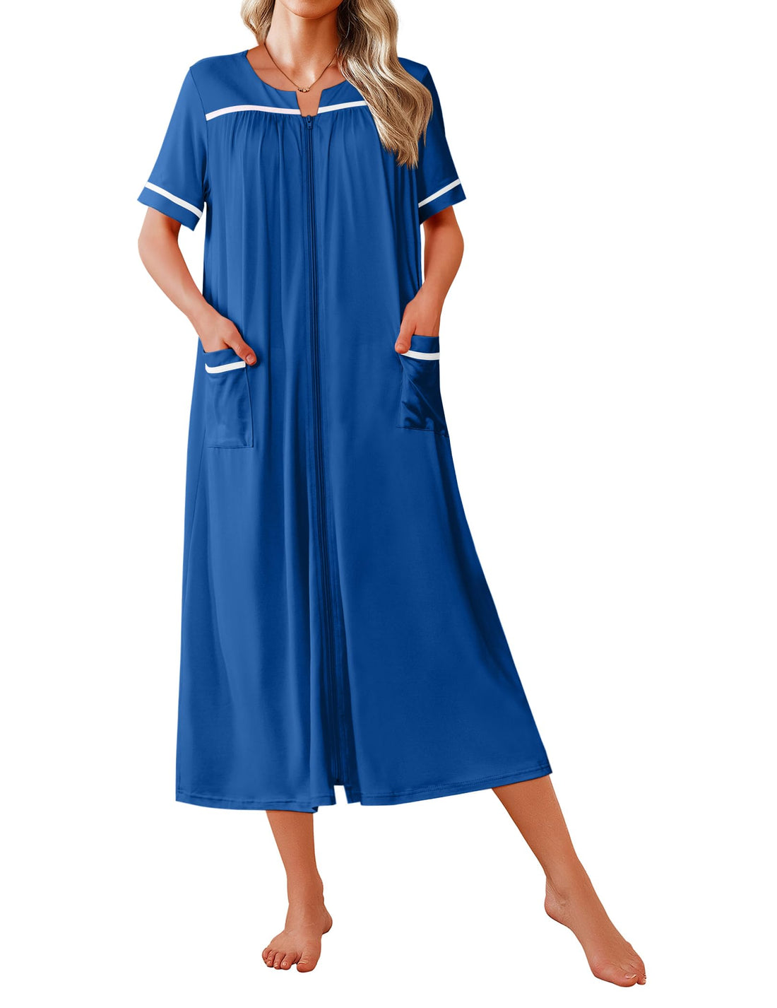 Ekouaer Zipper Robes for Women Short Sleeve Bathrobe Soft Lightweight Housecoat Full Length Nightgown with Pockets S-3XL WEBE CLOTHING