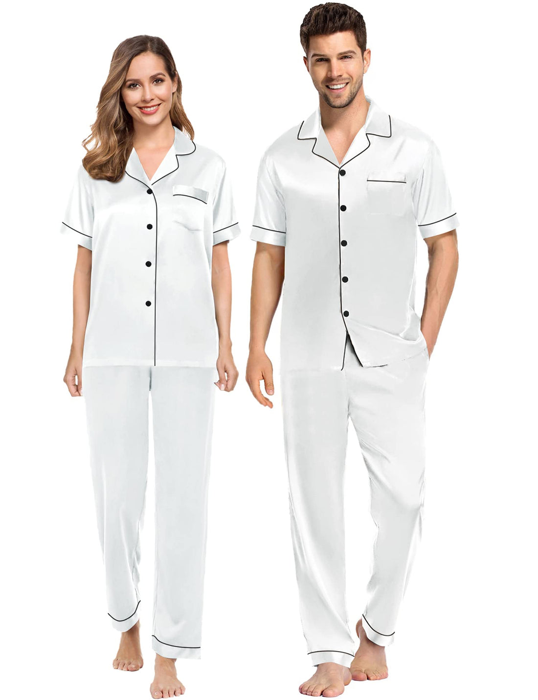 SWOMOG Couples Pajamas Sets Women & Men Satin Short Sleeve Sleepwear Button Down Loungewear Pjs Set with Long Pants