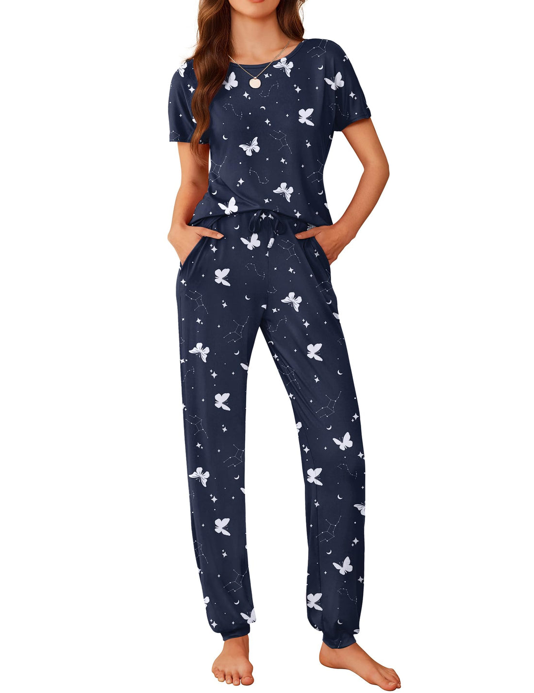 Ekouaer Womens Pajama Sets Short Sleeve Lounge Sets for Women Printed Jogger Pajama Set 2 Piece Pj Sets With Pockets S-XXL WEBE CLOTHING