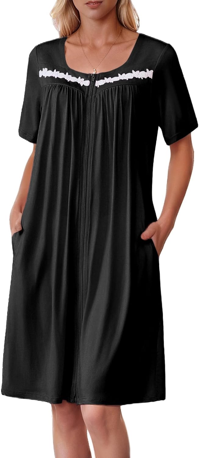 Ekouaer Women Zipper Robe Short Sleeves House Coat Zipper Front Bathrobe Sleepwear with Pockets Housecoat Nightgown