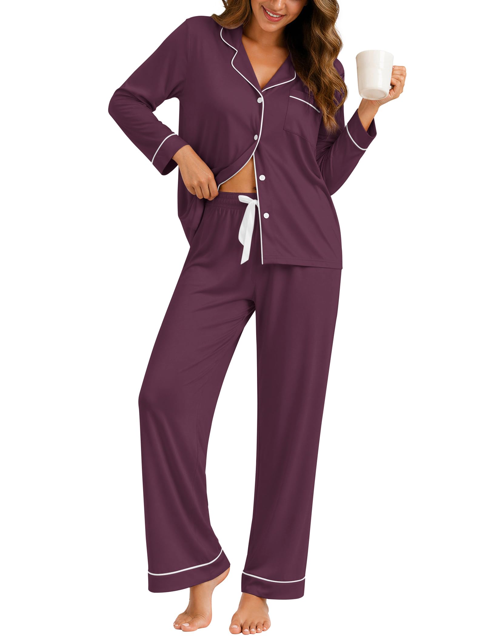 ZMJ Womens Pajamas Sets 2 Piece Long Sleeve and Pant Pj Sets Button Up Sleepwear