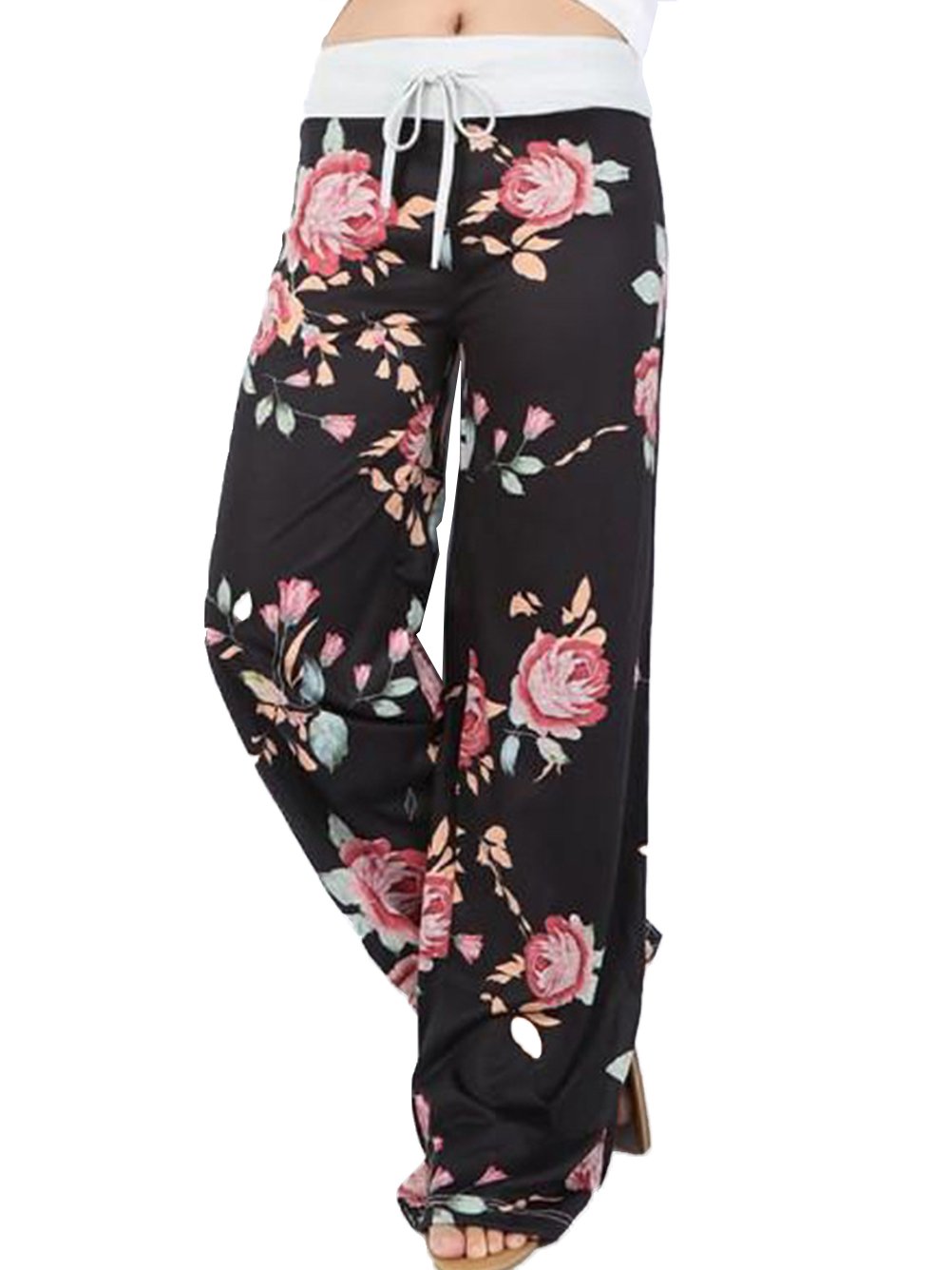 iChunhua Women's Comfy Stretch Floral Print Drawstring Palazzo Wide Leg Lounge Pant