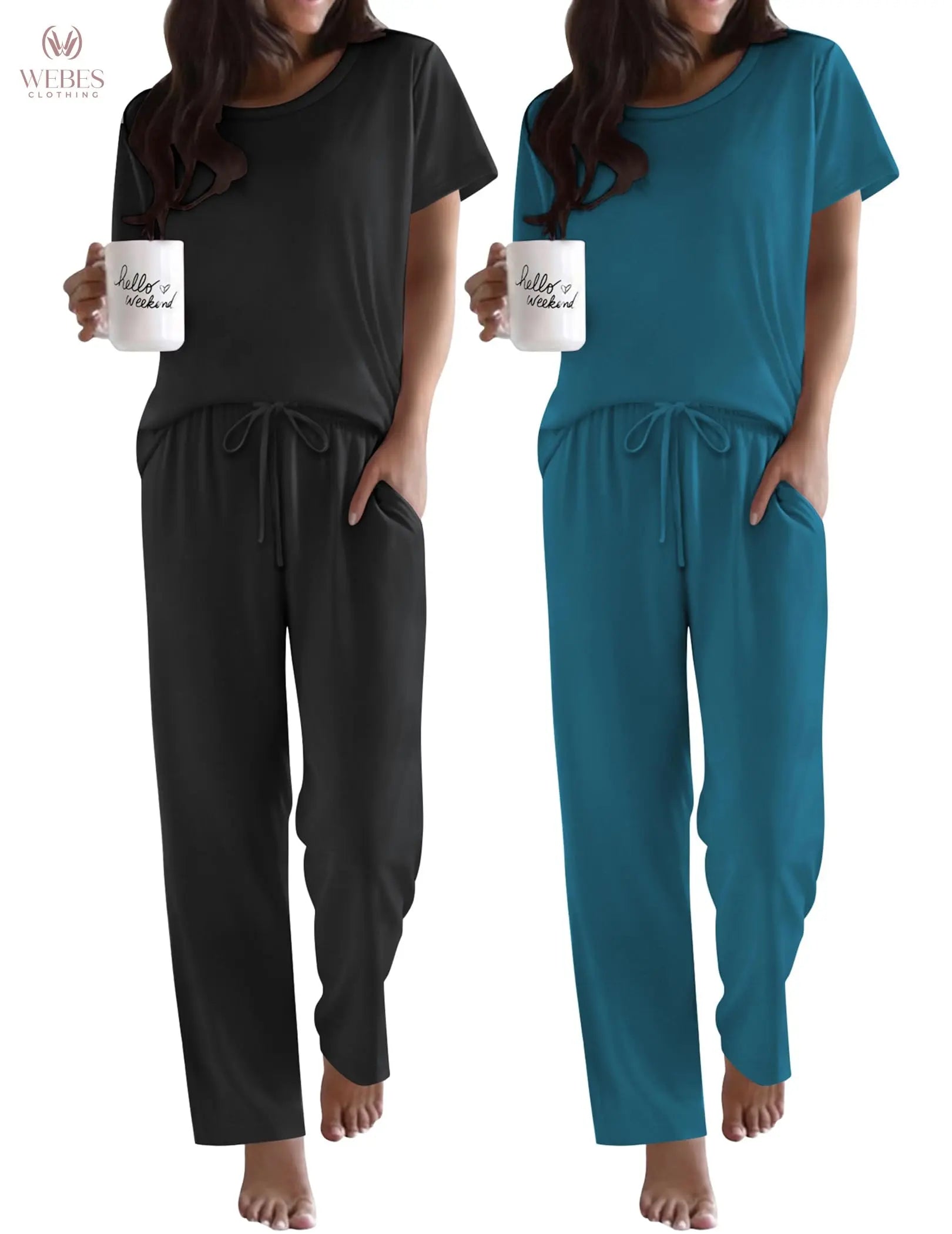 Ekouaer 2 Pack Pajamas for Women Set Short Sleeve Pj Top and Printed Pants | Soft PJs Cozy Printed Lounge Sets Comfy Sleepwear with Pockets WEBE CLOTHING